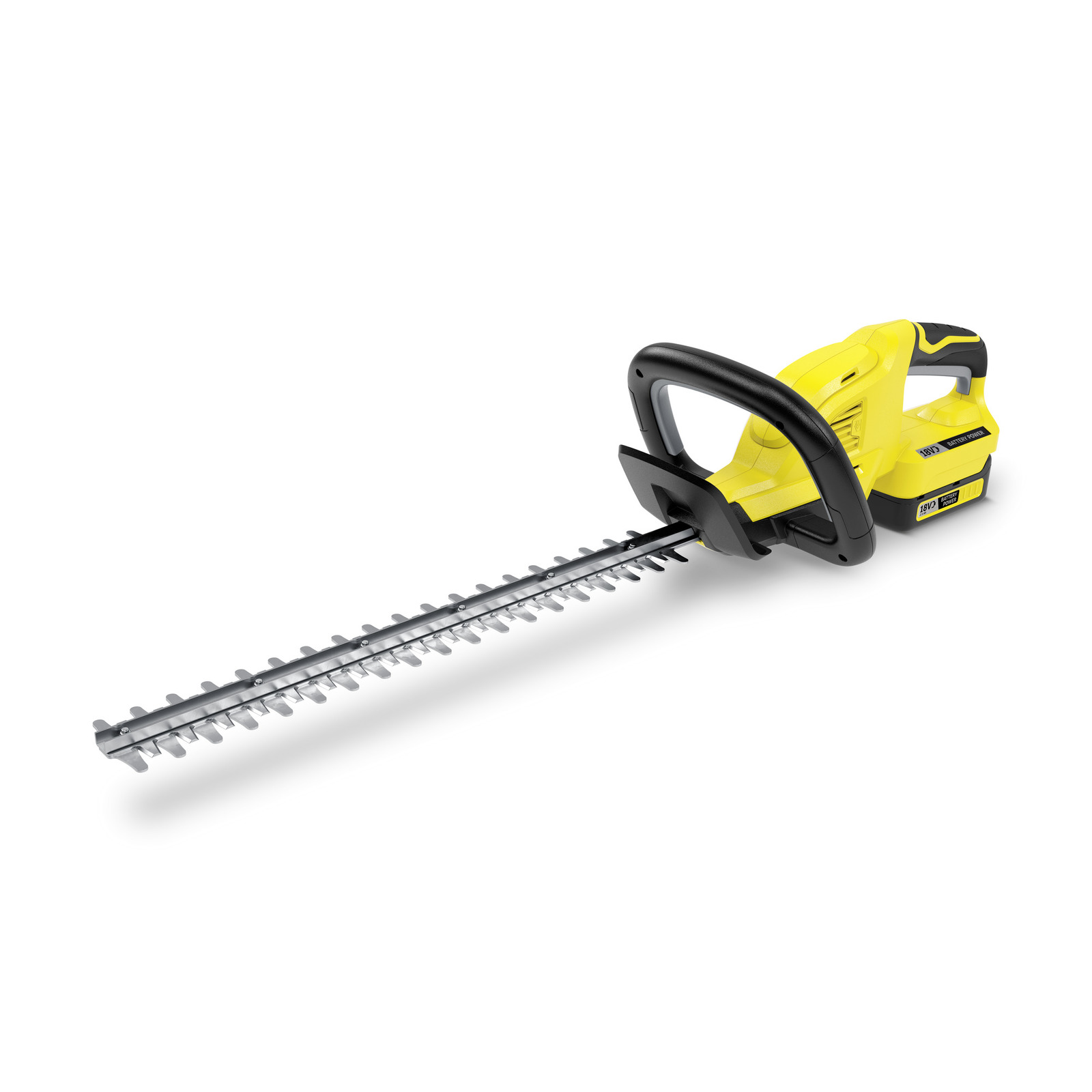 Yellow Kärcher hedge trimmer with black handle and long silver blade, isolated on a white background.
