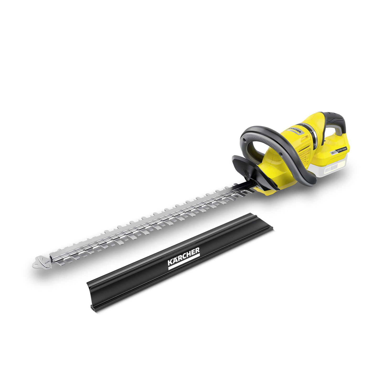 Yellow Kärcher hedge trimmer with black handle and protective blade cover, displayed on a white background.