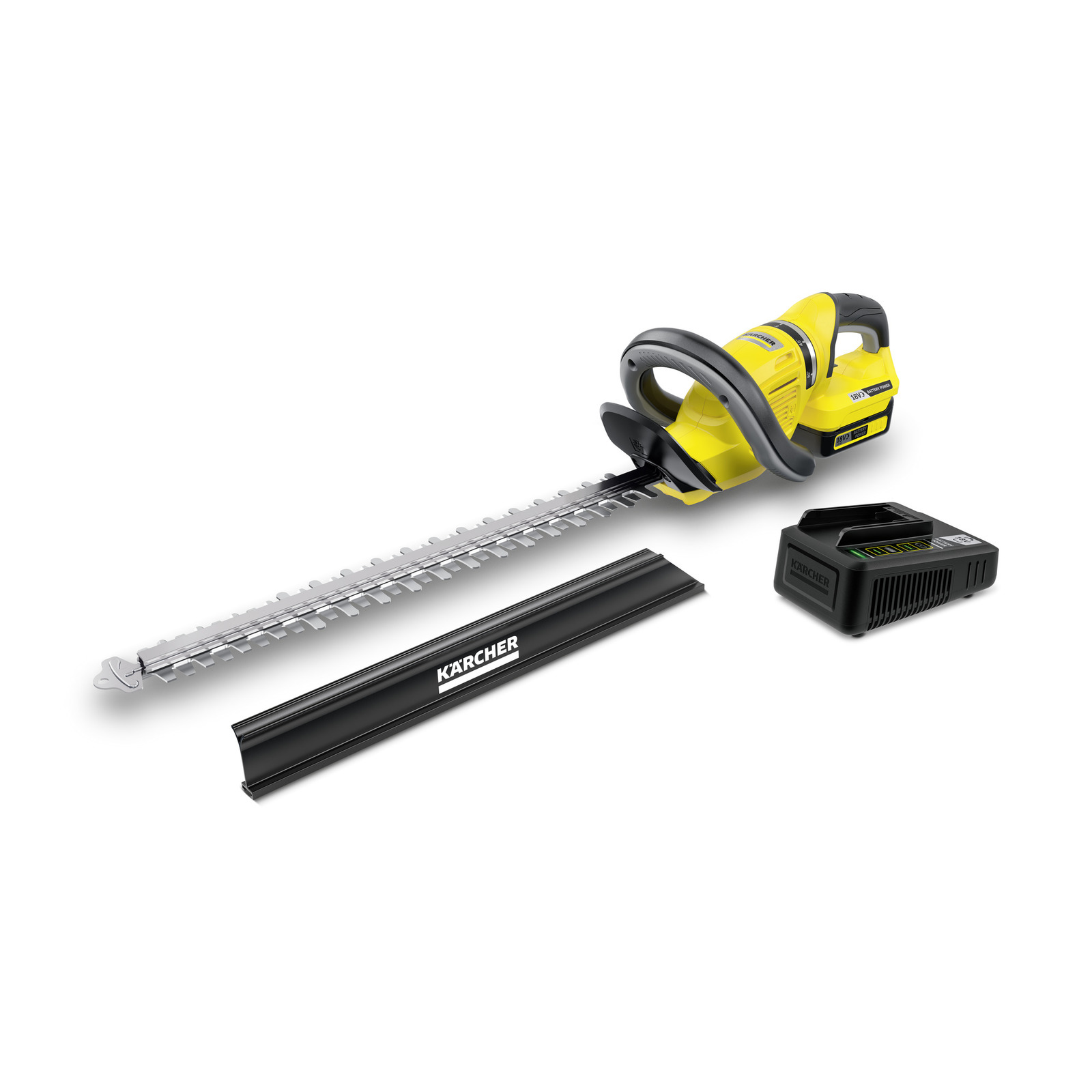 Kärcher hedge trimmer with battery and blade cover, featuring a yellow and black design.