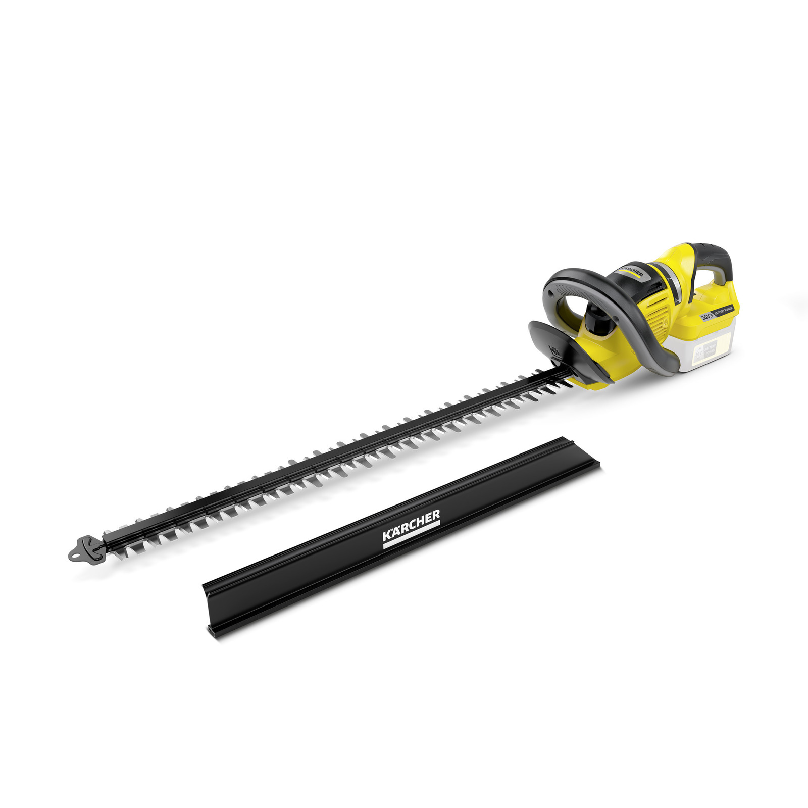 Kärcher hedge trimmer with yellow and black design, featuring a long blade and protective cover.