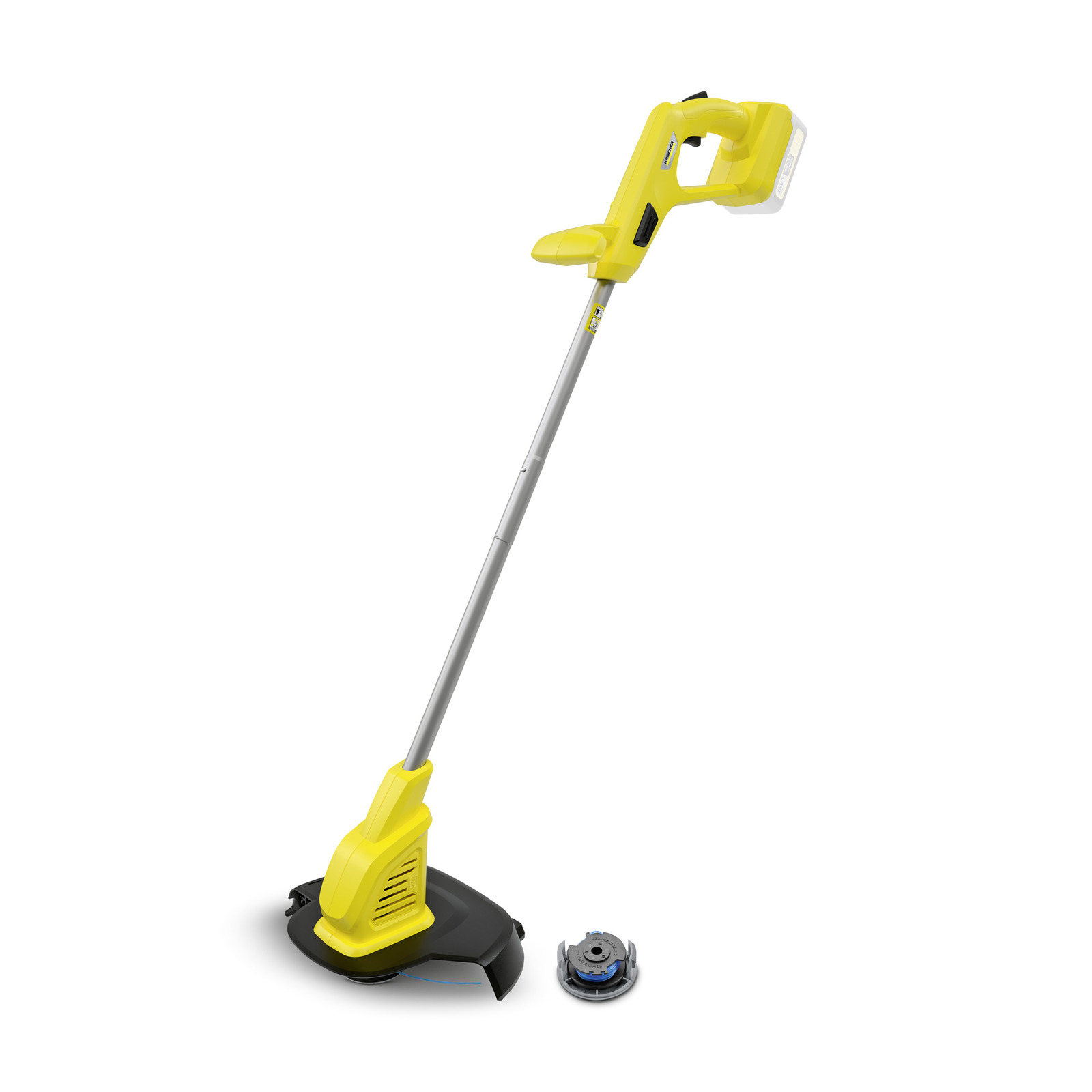Yellow Kärcher grass trimmer with a long handle and a black base, accompanied by a separate spool. Yellow Kärcher grass trimmer with a long handle and a black base, accompanied by a separate spool.