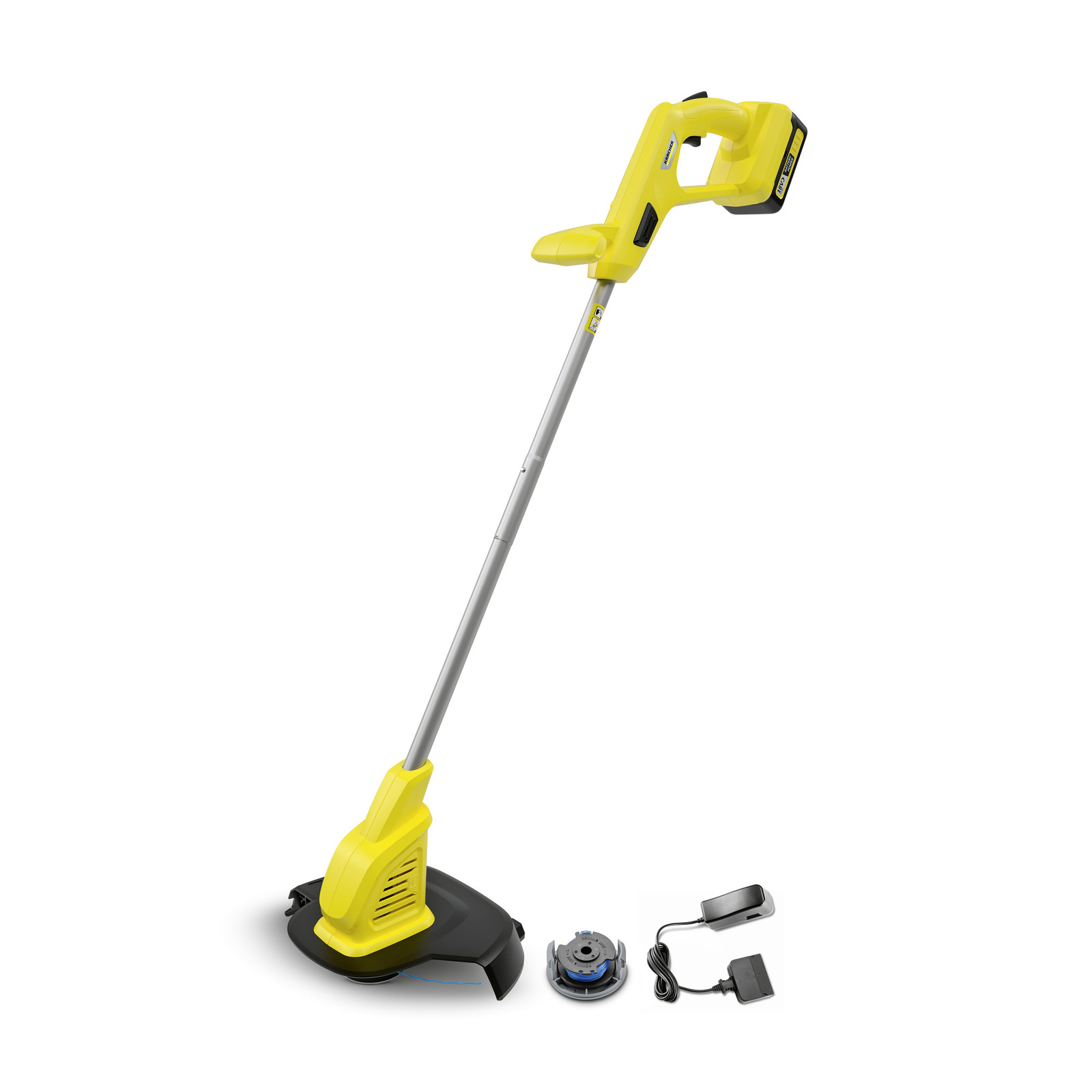 Yellow Kärcher grass trimmer with battery and charger, featuring a long handle and cutting head.
