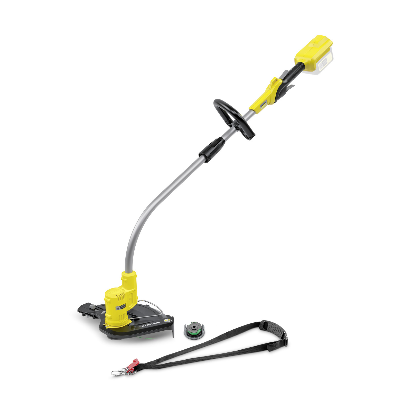 Kärcher cordless grass trimmer with yellow battery pack, black handle, and strap, isolated on white background. Kärcher cordless grass trimmer with yellow battery pack, black handle, and strap, isolated on white background.