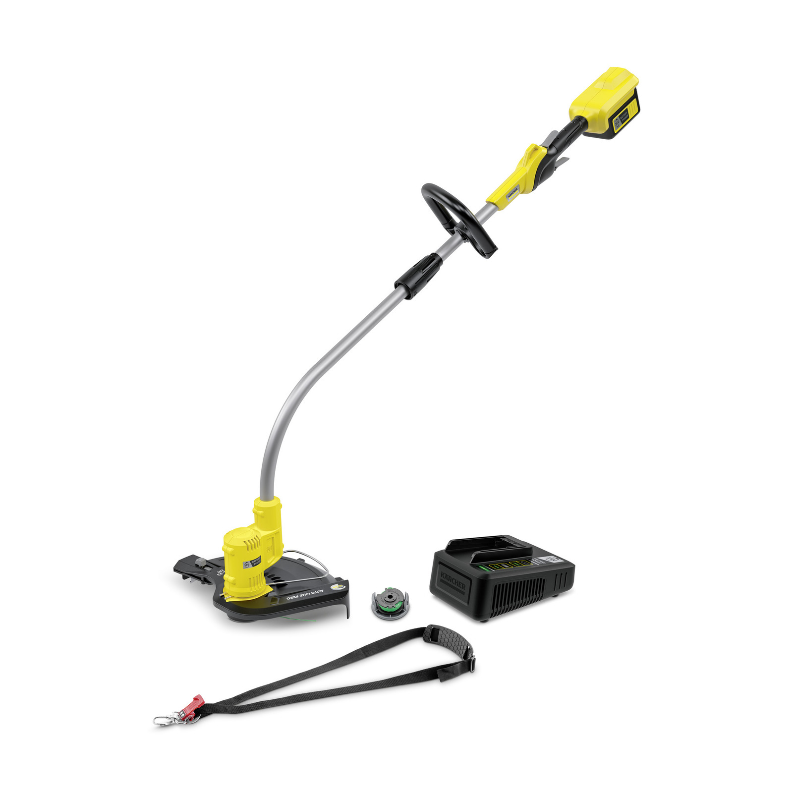 Kärcher cordless grass trimmer with battery, charger, spool, and strap, displayed on a white background.