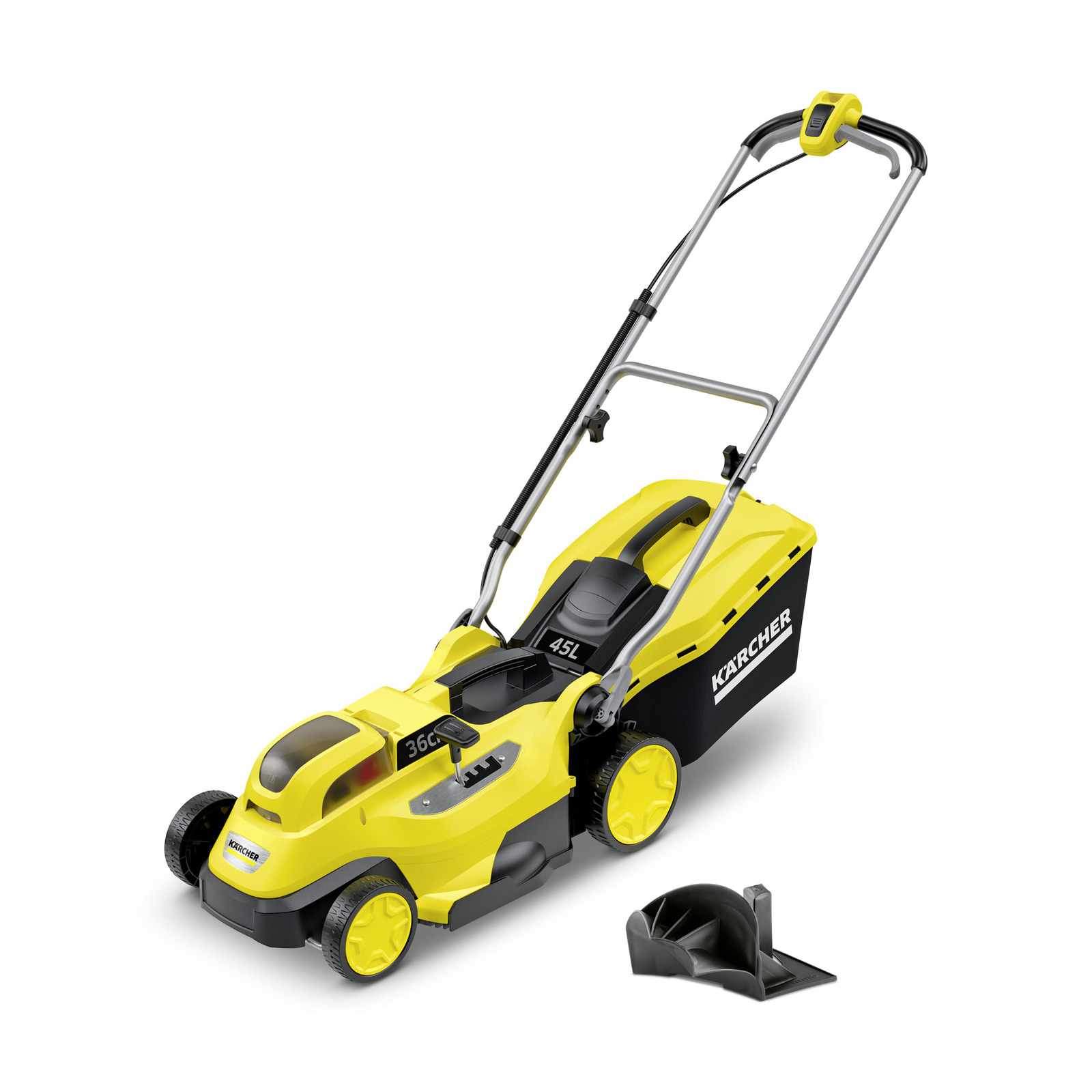 Yellow Kärcher lawn mower with black handle and wheels, 45L grass collector, and a separate black blade attachment.