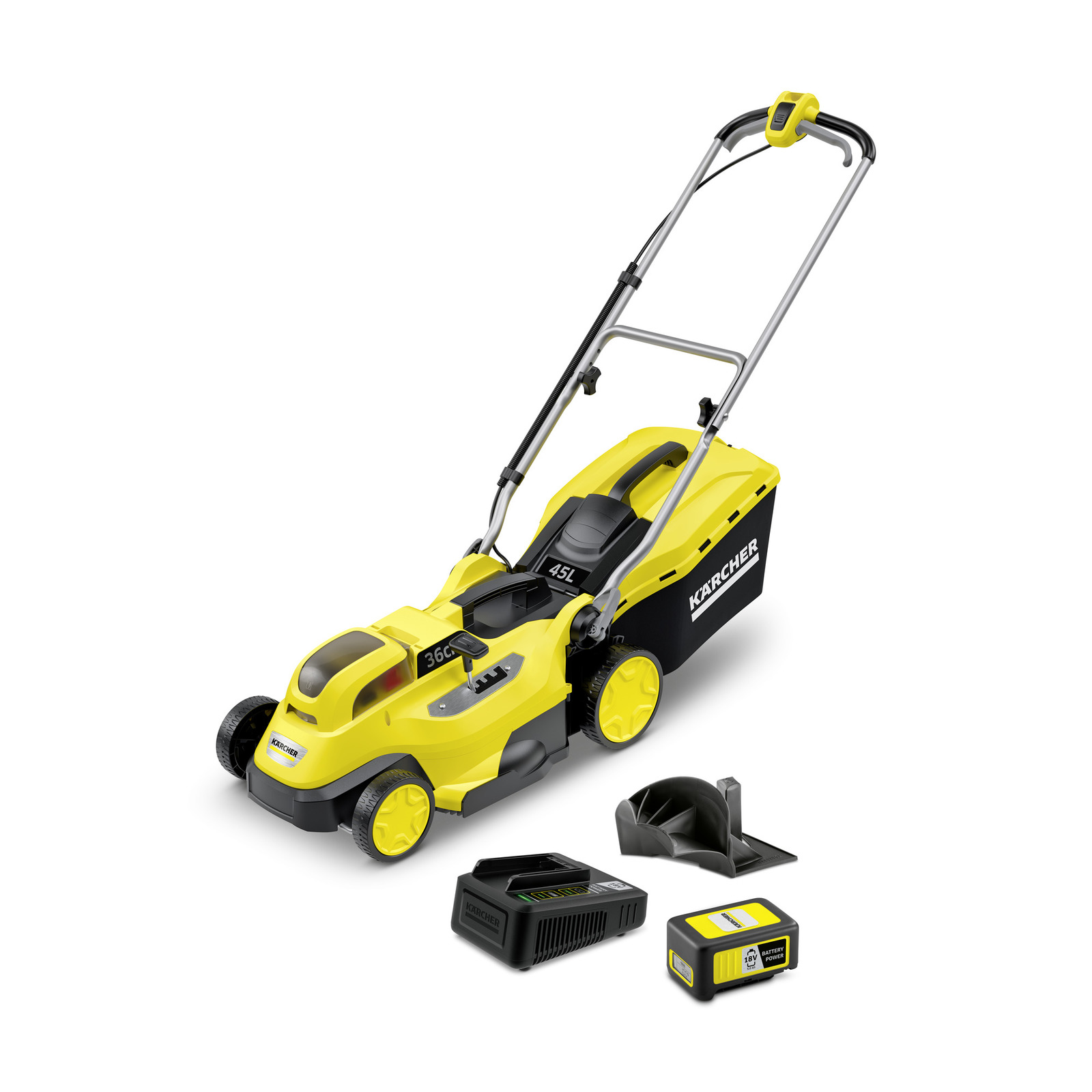 Yellow Kärcher lawn mower with 45L grass box, battery, and charger on white background. Yellow Kärcher lawn mower with 45L grass box, battery, and charger on white background.