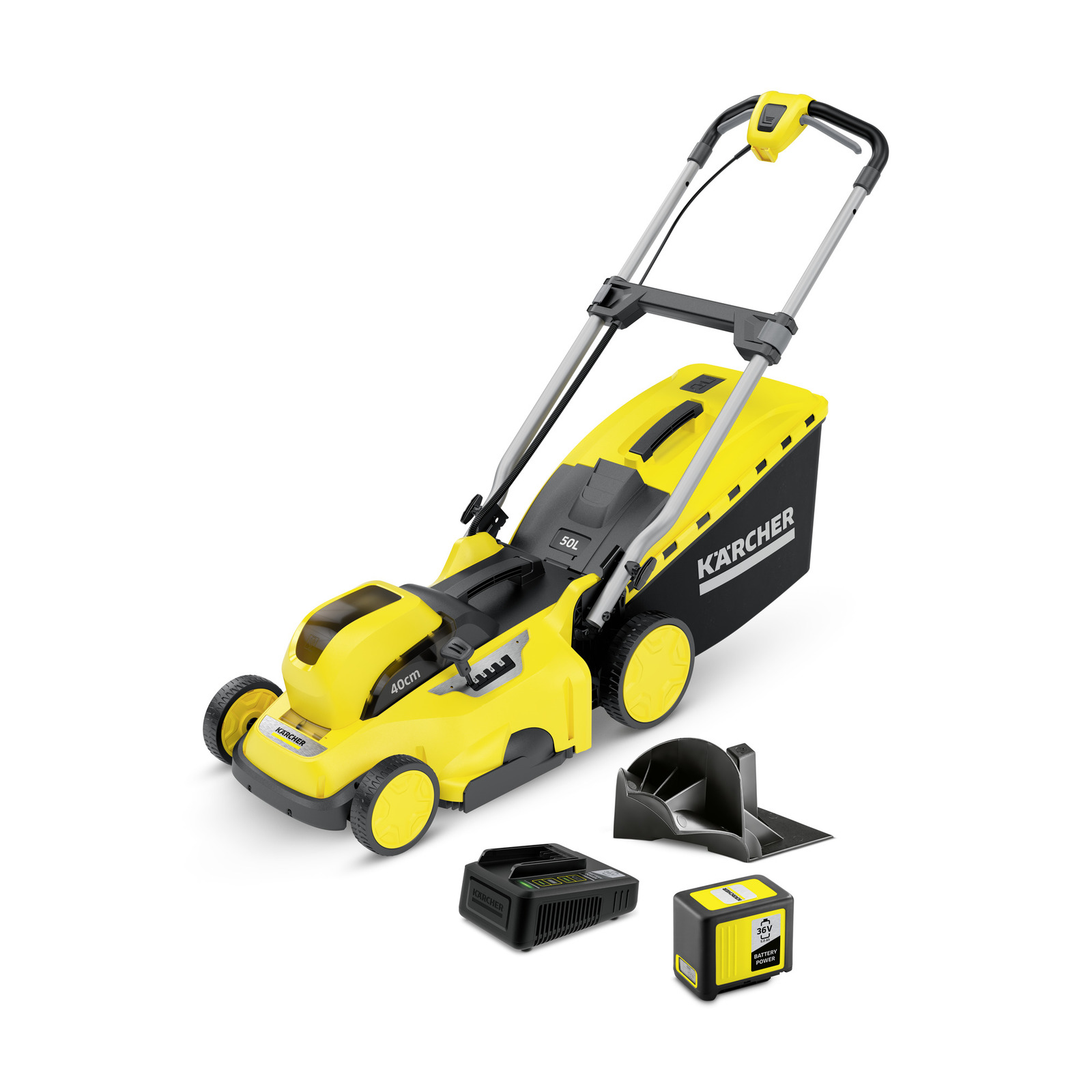Yellow Kärcher lawn mower with detachable battery, charger, and grass chute.