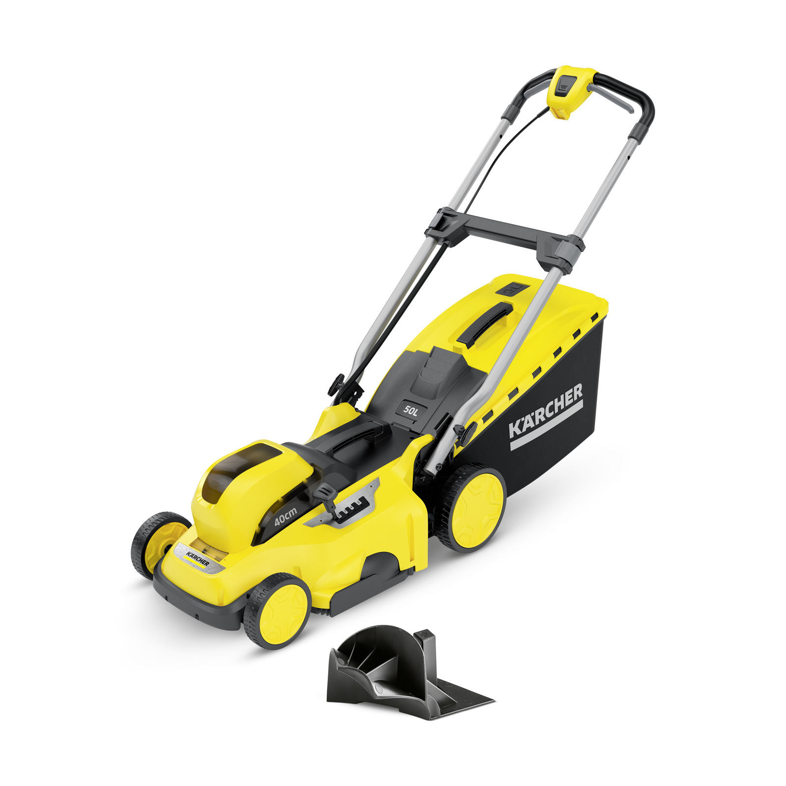 Yellow Kärcher lawn mower with a black grass catcher, featuring a 40cm cutting width and ergonomic handle. Yellow Kärcher lawn mower with a black grass catcher, featuring a 40cm cutting width and ergonomic handle.