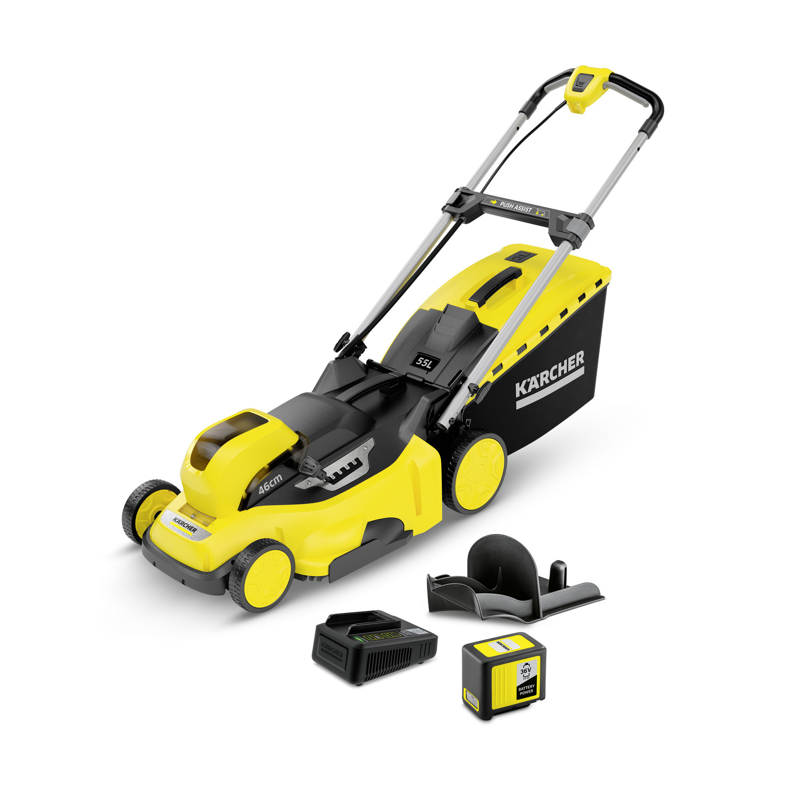 Kärcher cordless lawn mower with yellow and black design, battery, charger, and accessories displayed. Kärcher cordless lawn mower with yellow and black design, battery, charger, and accessories displayed.