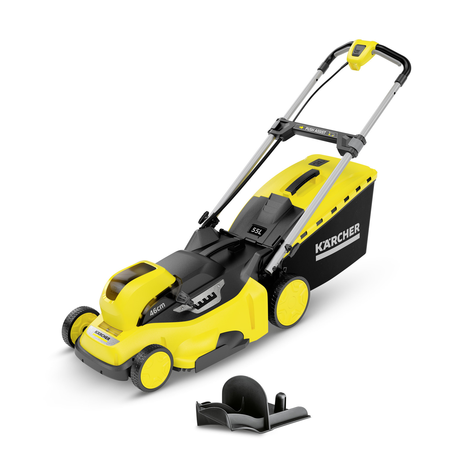 Yellow Kärcher lawn mower with a 46cm cutting width, featuring a 55L grass collector and push assist handle.