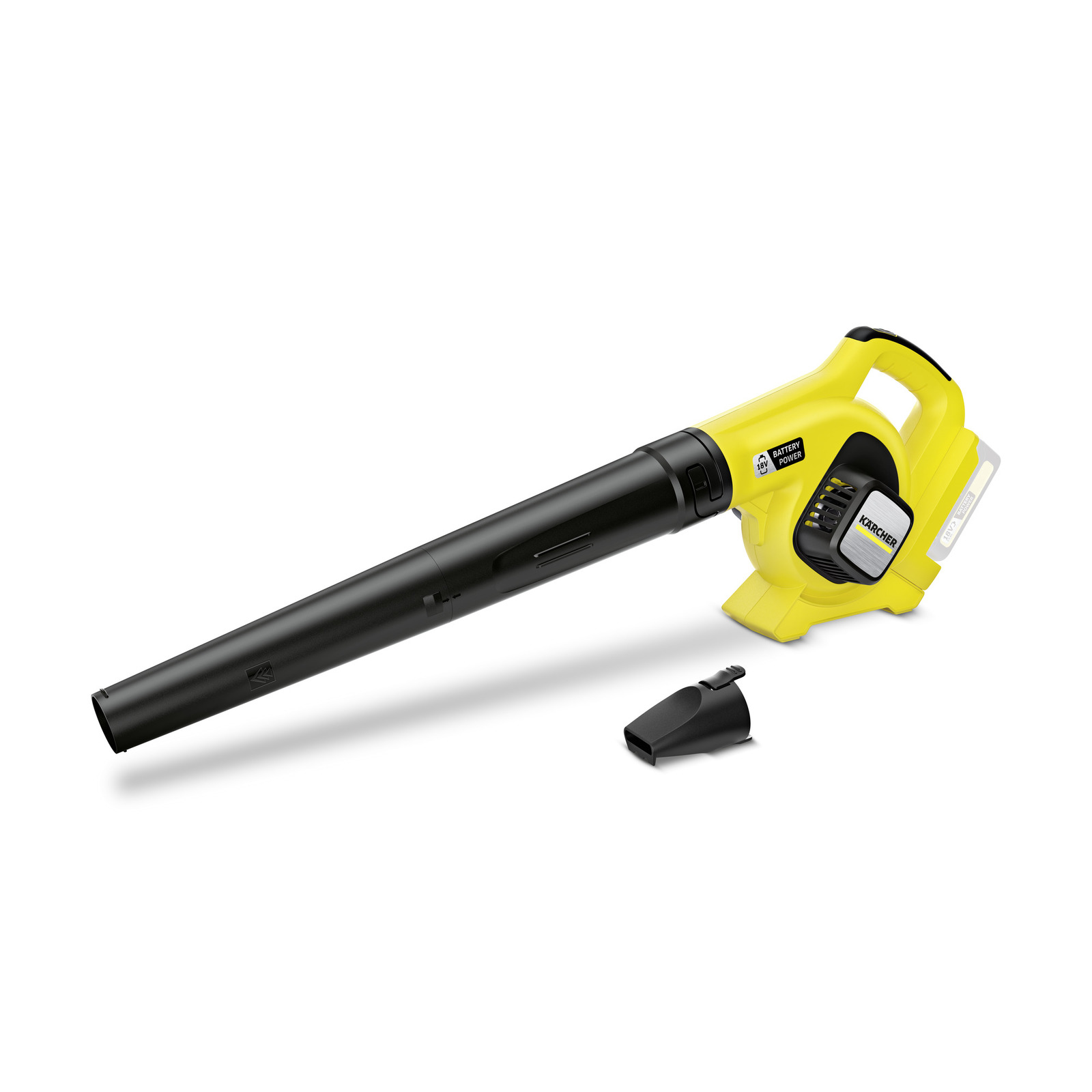 Yellow Kärcher battery-powered leaf blower with a black nozzle attachment, set against a white background. Yellow Kärcher battery-powered leaf blower with a black nozzle attachment, set against a white background.