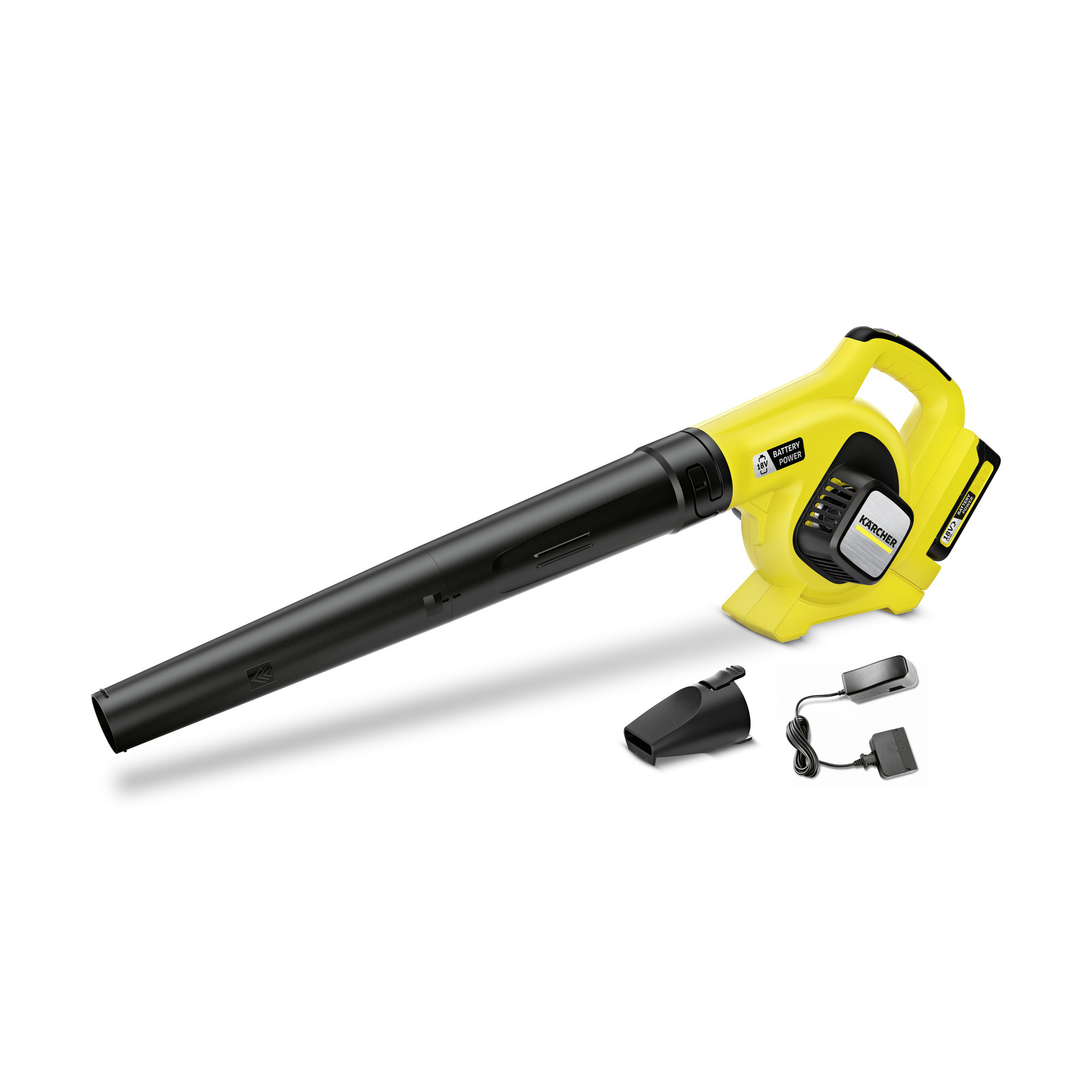 Yellow Kärcher leaf blower with battery pack, nozzle attachment, and charger on a white background.