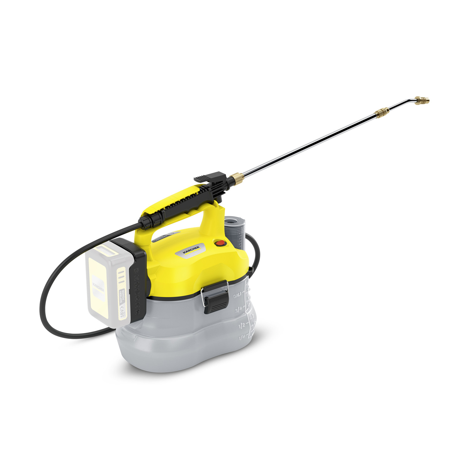 Kärcher battery-powered sprayer with yellow handle, grey base, and long nozzle attachment.