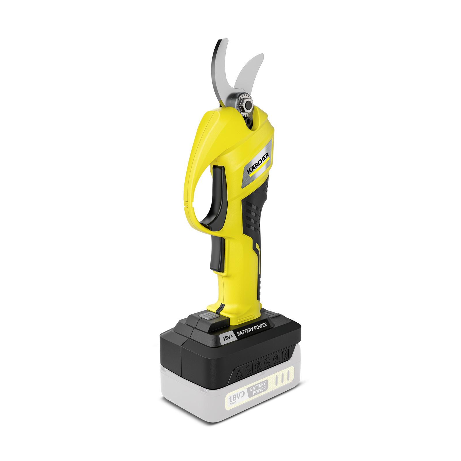 Yellow Kärcher battery-powered pruning shears with black handle and silver blades, standing upright on a white background.