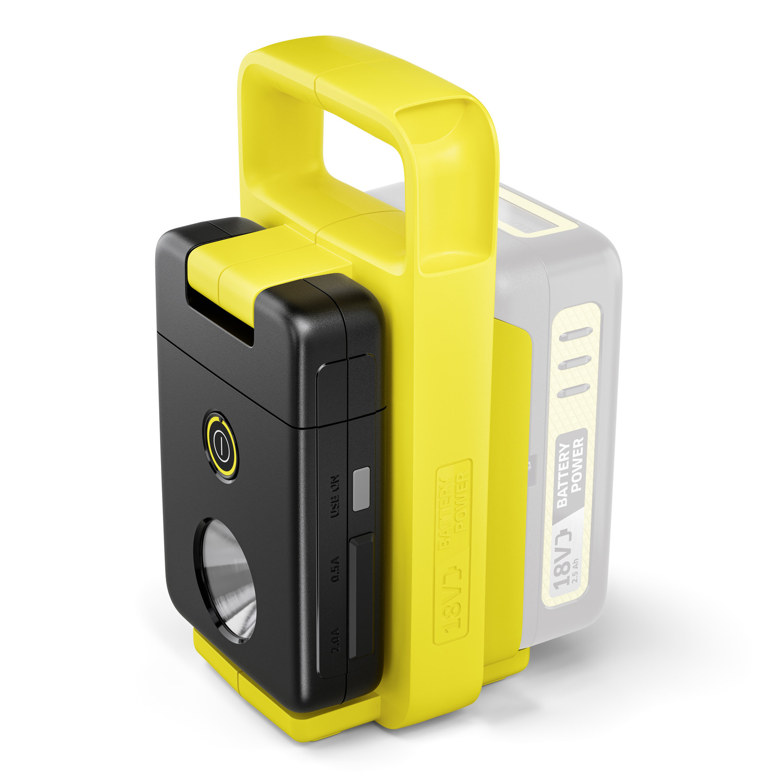Kärcher battery-powered work light with a yellow handle and black body, featuring a power button and battery indicator. Kärcher battery-powered work light with a yellow handle and black body, featuring a power button and battery indicator.