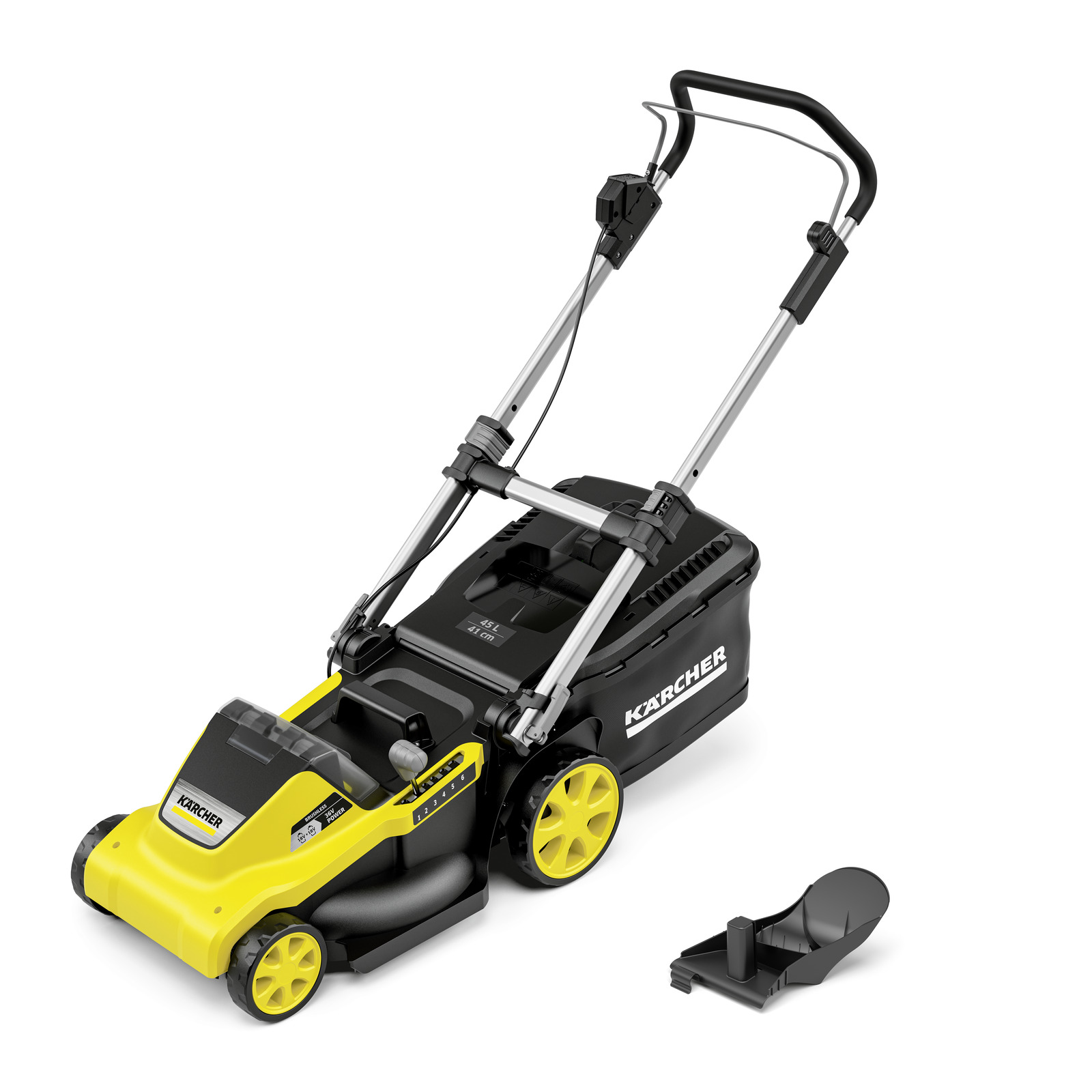 Kärcher lawn mower with yellow accents, adjustable handle, and black grass collection box. Kärcher lawn mower with yellow accents, adjustable handle, and black grass collection box.