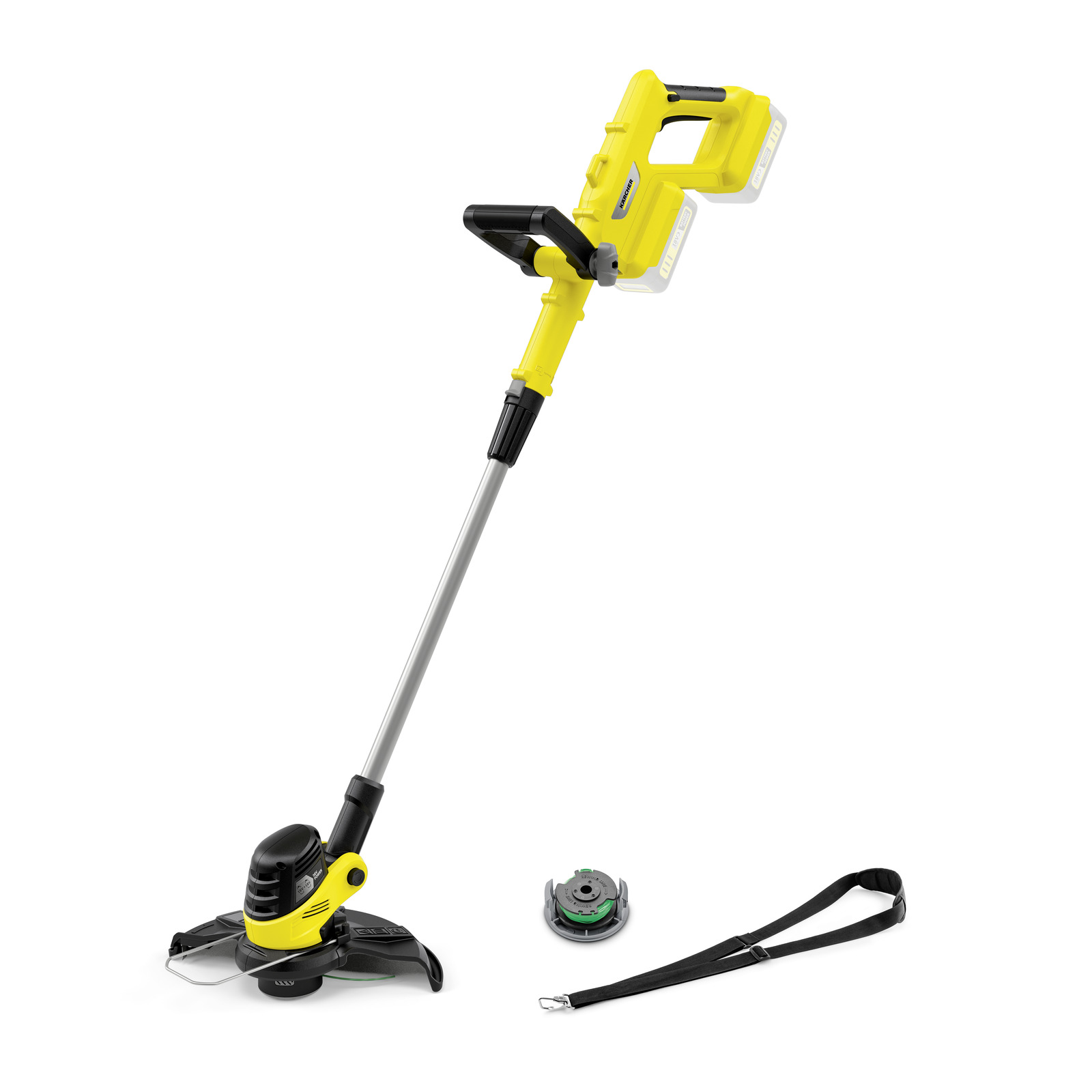 Yellow Kärcher grass trimmer with a black handle, spare spool, and shoulder strap on a white background. Yellow Kärcher grass trimmer with a black handle, spare spool, and shoulder strap on a white background.
