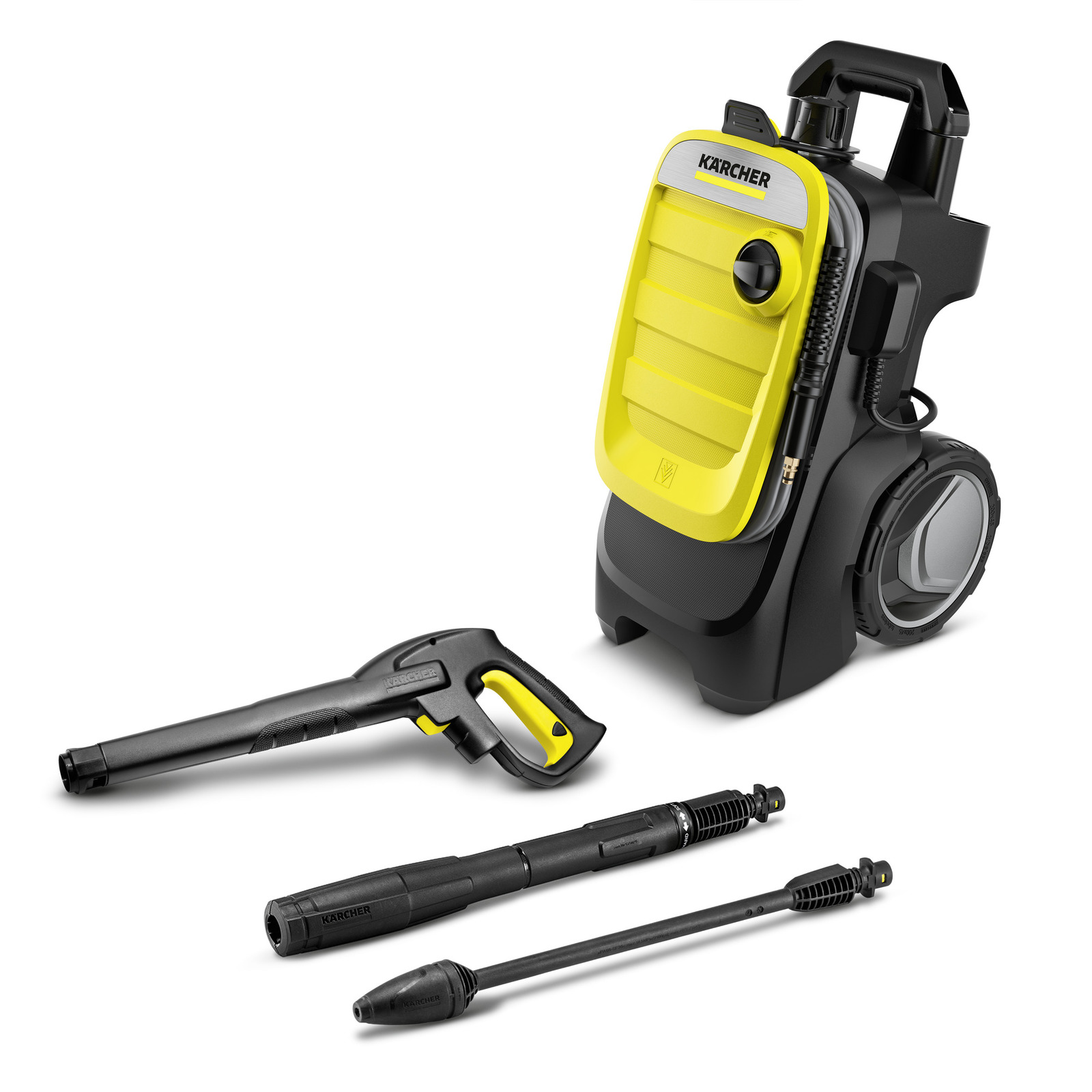 Aparat de curățare cu presiune Kärcher, negru și galben, cu accesorii incluse, pe fundal alb. Aparat de curățare cu presiune Kärcher, negru și galben, cu accesorii incluse, pe fundal alb.