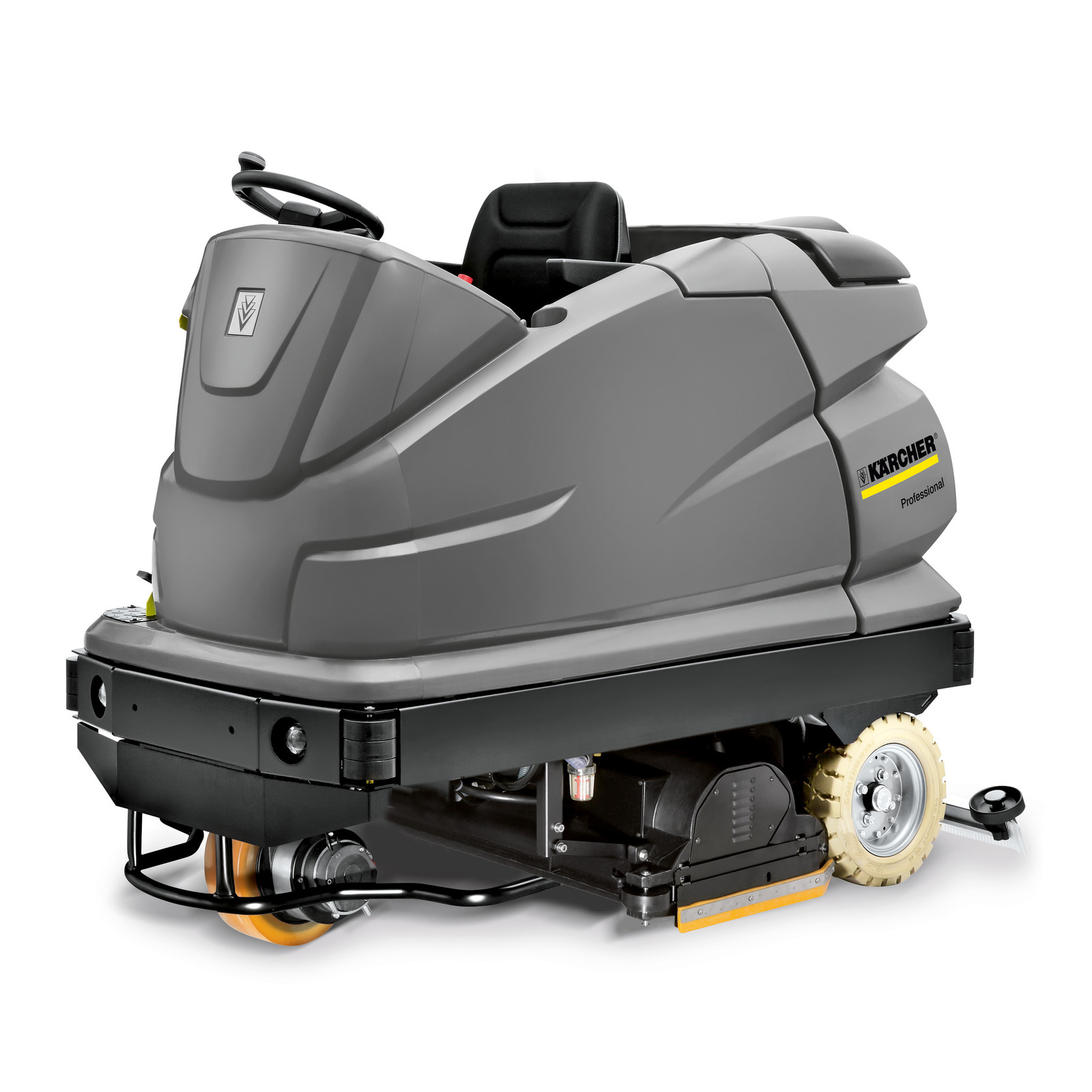 Grey Kärcher ride-on floor scrubber with steering wheel, seat, and visible brushes underneath.