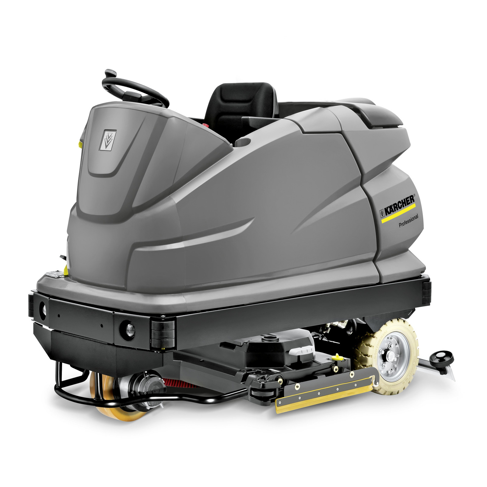 Grey Kärcher ride-on floor scrubber with steering wheel and seat, featuring visible wheels and cleaning components.