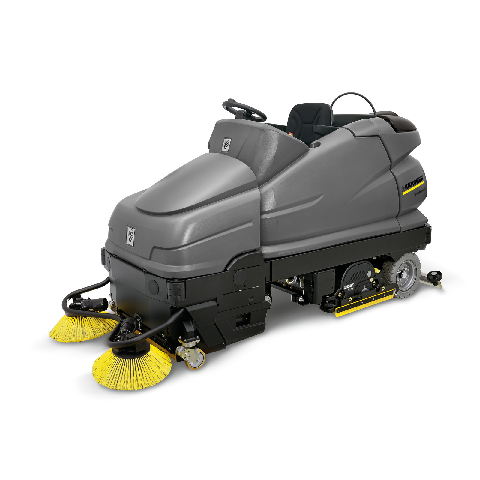 Grey Kärcher ride-on floor sweeper with yellow brushes and steering wheel, designed for professional cleaning. Grey Kärcher ride-on floor sweeper with yellow brushes and steering wheel, designed for professional cleaning.