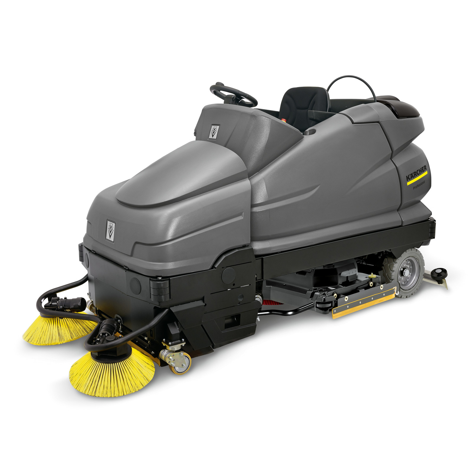 Kärcher ride-on floor sweeper with grey body, two yellow circular brushes, and black seat.