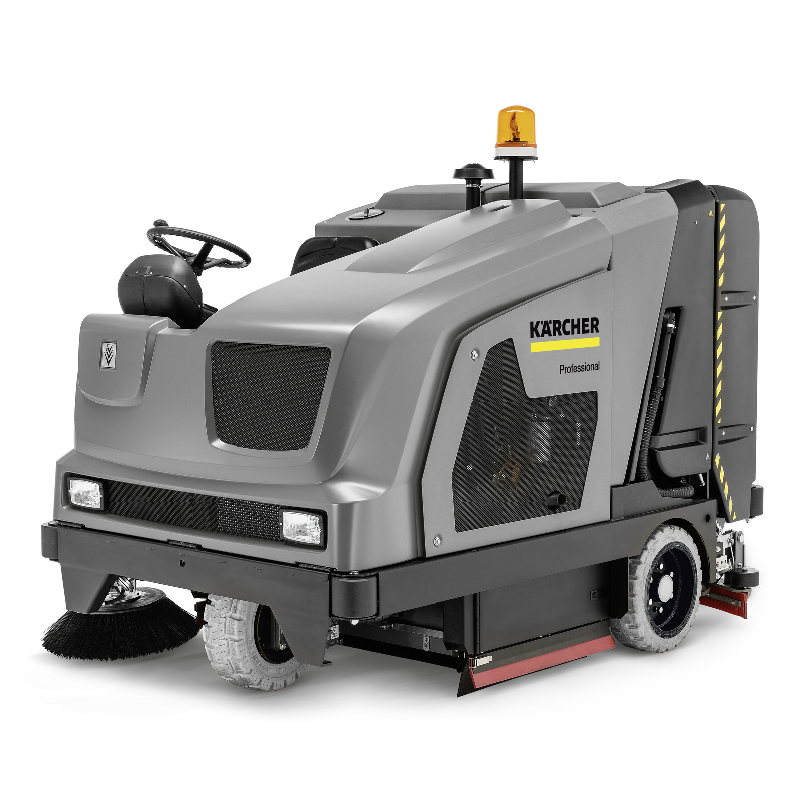 Kärcher professional ride-on sweeper with steering wheel, orange beacon light, and brush underneath, set against a white background. Kärcher professional ride-on sweeper with steering wheel, orange beacon light, and brush underneath, set against a white background.