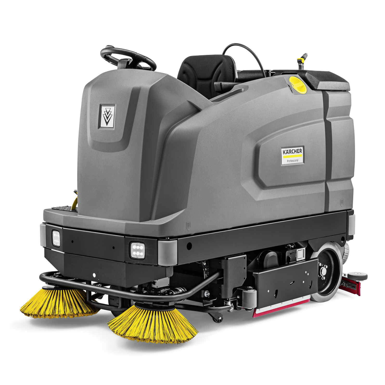 Kärcher ride-on floor sweeper with grey body, black seat, steering wheel, and yellow brushes. Kärcher ride-on floor sweeper with grey body, black seat, steering wheel, and yellow brushes.