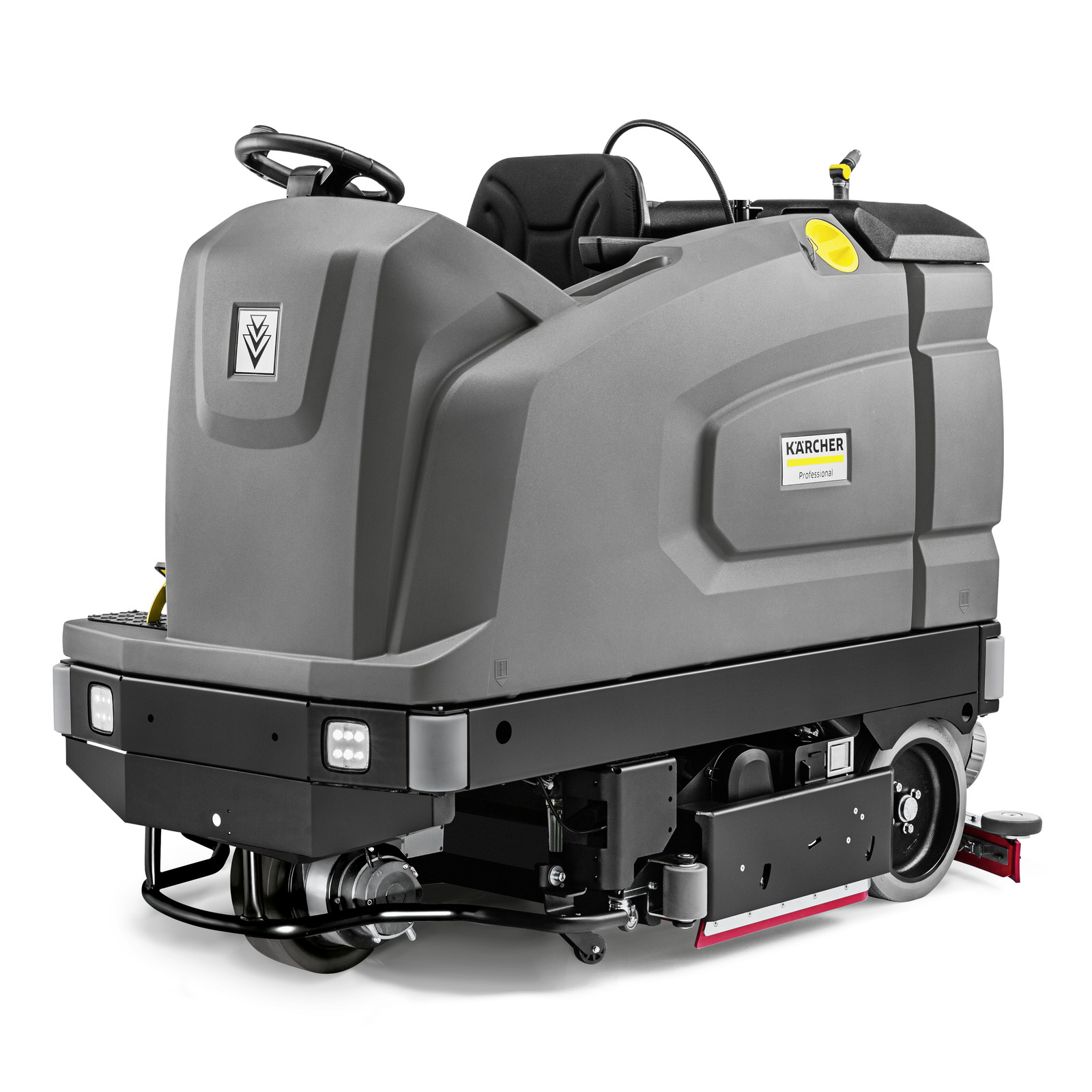 Grey Kärcher ride-on floor scrubber with steering wheel and seat, designed for professional cleaning. Grey Kärcher ride-on floor scrubber with steering wheel and seat, designed for professional cleaning.