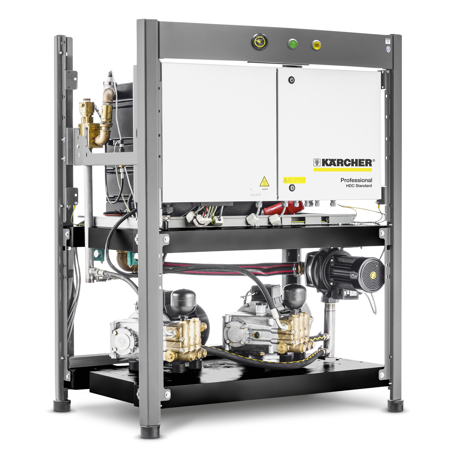 Kärcher Professional HDC Standard unit with visible pipes and motor components, mounted on a metal frame. Kärcher Professional HDC Standard unit with visible pipes and motor components, mounted on a metal frame.