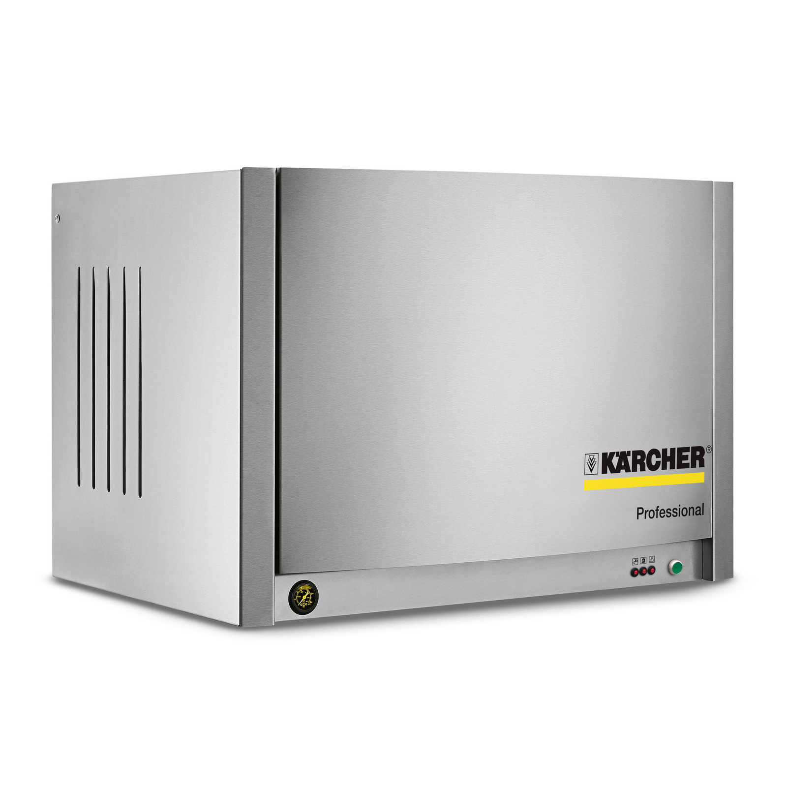 Kärcher professional stainless steel cleaning machine with control buttons and logo on the front panel. Kärcher professional stainless steel cleaning machine with control buttons and logo on the front panel.