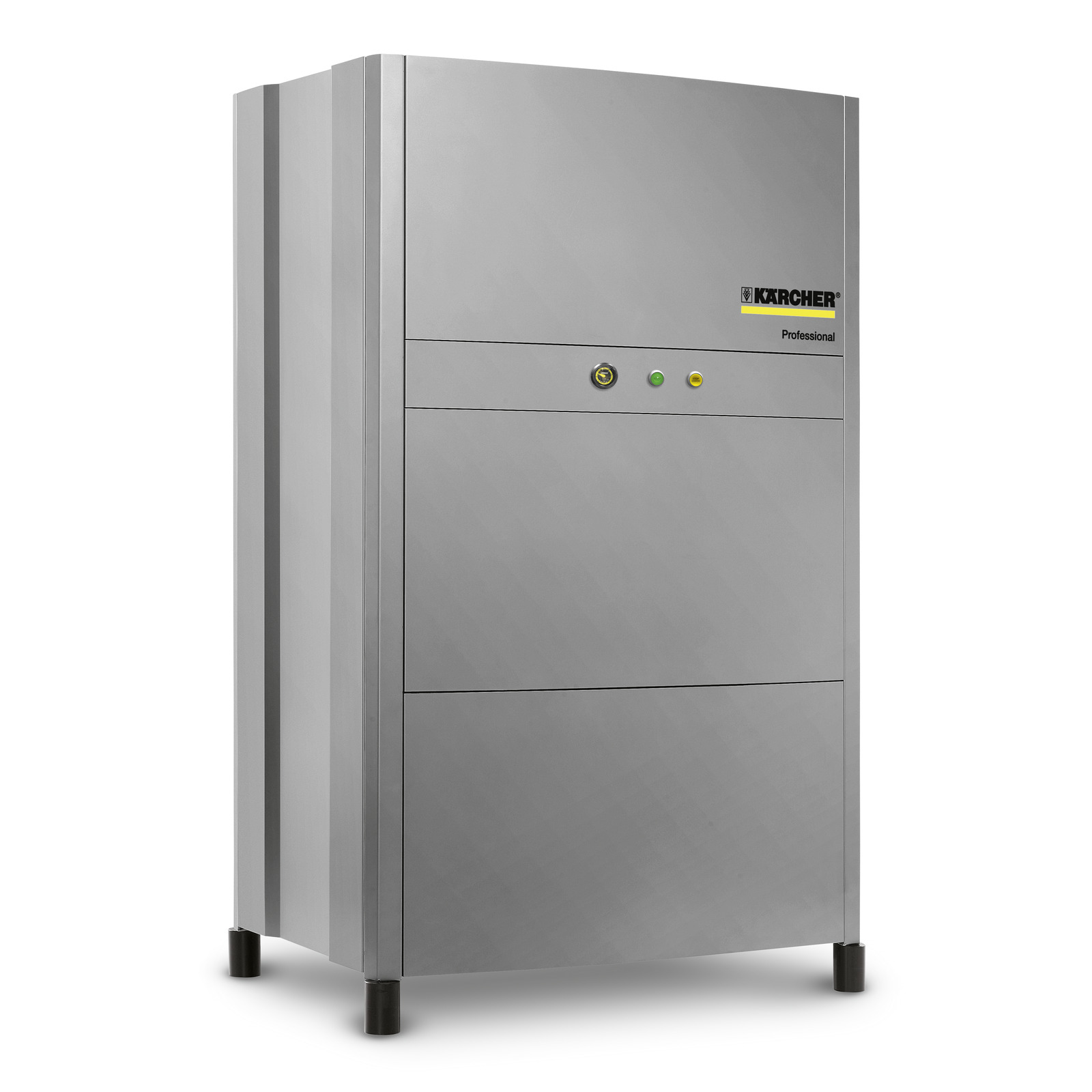 Kärcher professional cleaning system in grey, featuring control buttons and standing on four black legs. Kärcher professional cleaning system in grey, featuring control buttons and standing on four black legs.