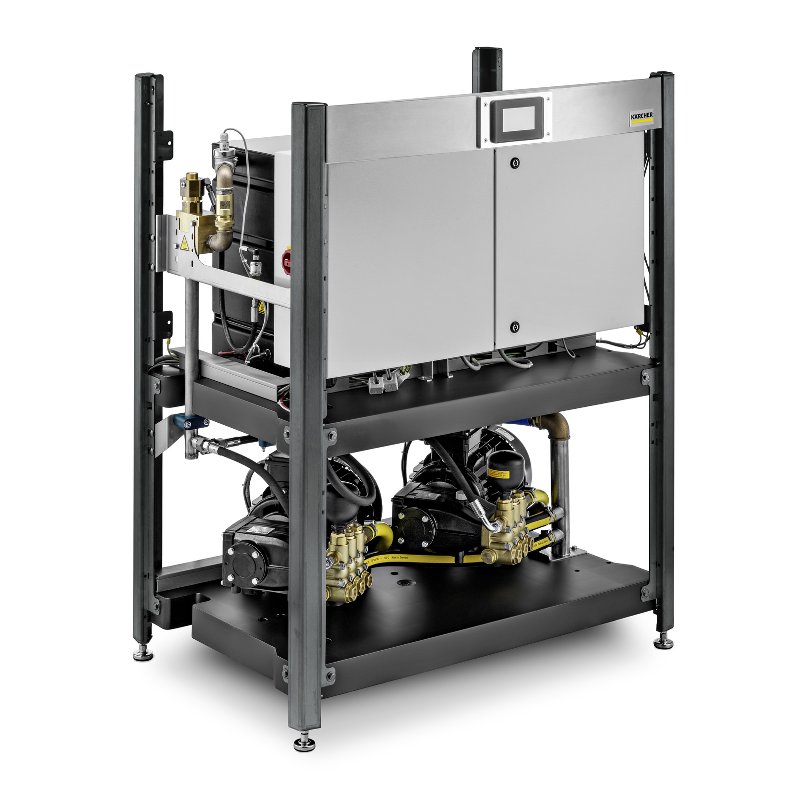 Kärcher stationary high-pressure system with stainless steel housing, control panel, and two yellow and black pump units on a black metal frame.