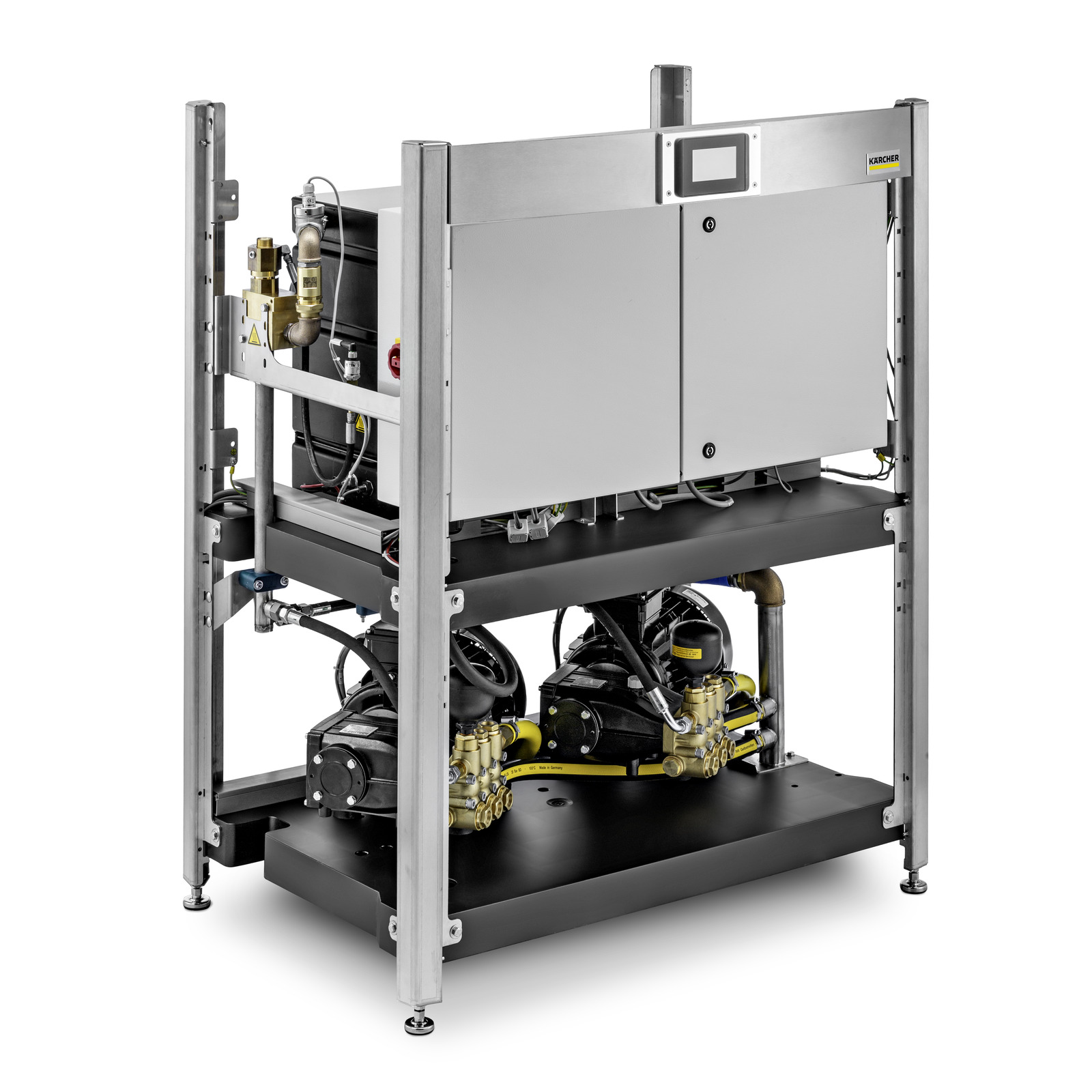 Kärcher high-pressure cleaning system with a silver frame, control panel, and two yellow and black pump units on a white background.