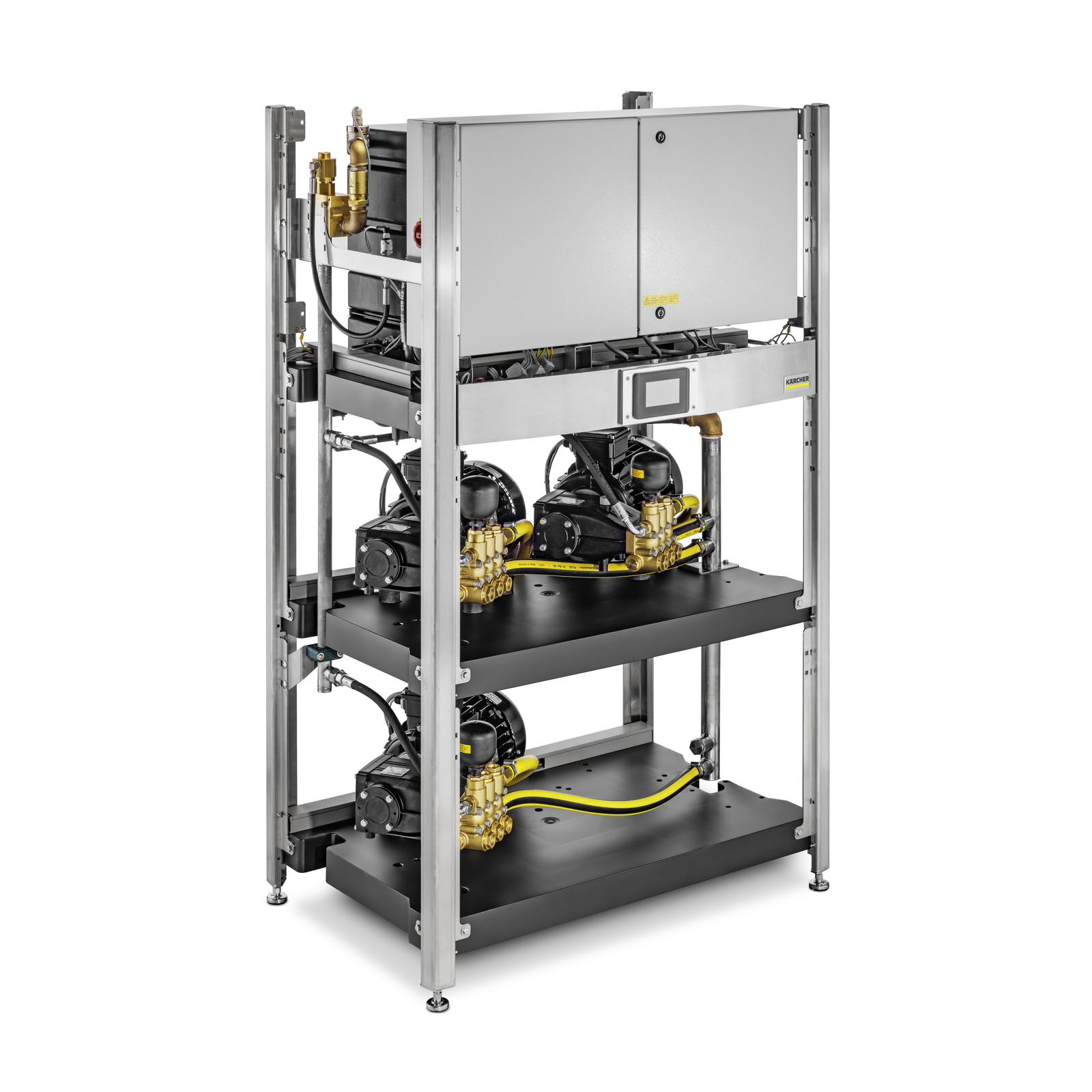Multi-level industrial rack system with several Kärcher high-pressure pumps and control units, presented on a white background.