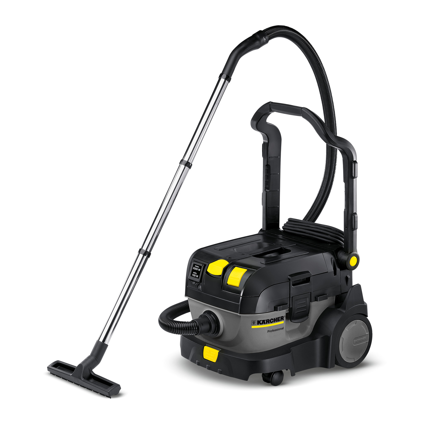 Kärcher wet and dry vacuum cleaner with a black and yellow design, featuring a long hose and a rectangular floor nozzle. Kärcher wet and dry vacuum cleaner with a black and yellow design, featuring a long hose and a rectangular floor nozzle.