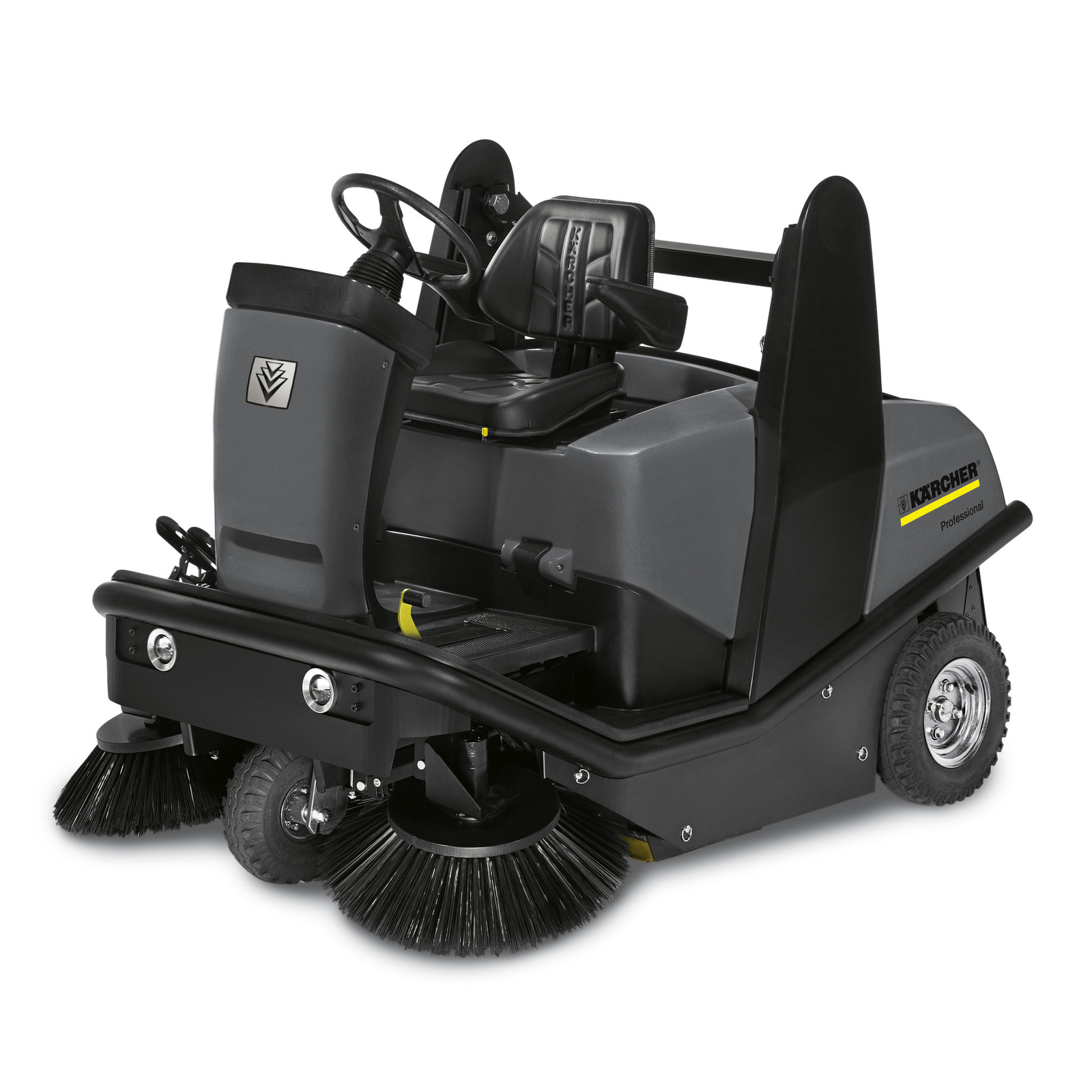 Kärcher ride-on sweeper with dual brushes, steering wheel, and seat, designed for professional cleaning tasks. Kärcher ride-on sweeper with dual brushes, steering wheel, and seat, designed for professional cleaning tasks.