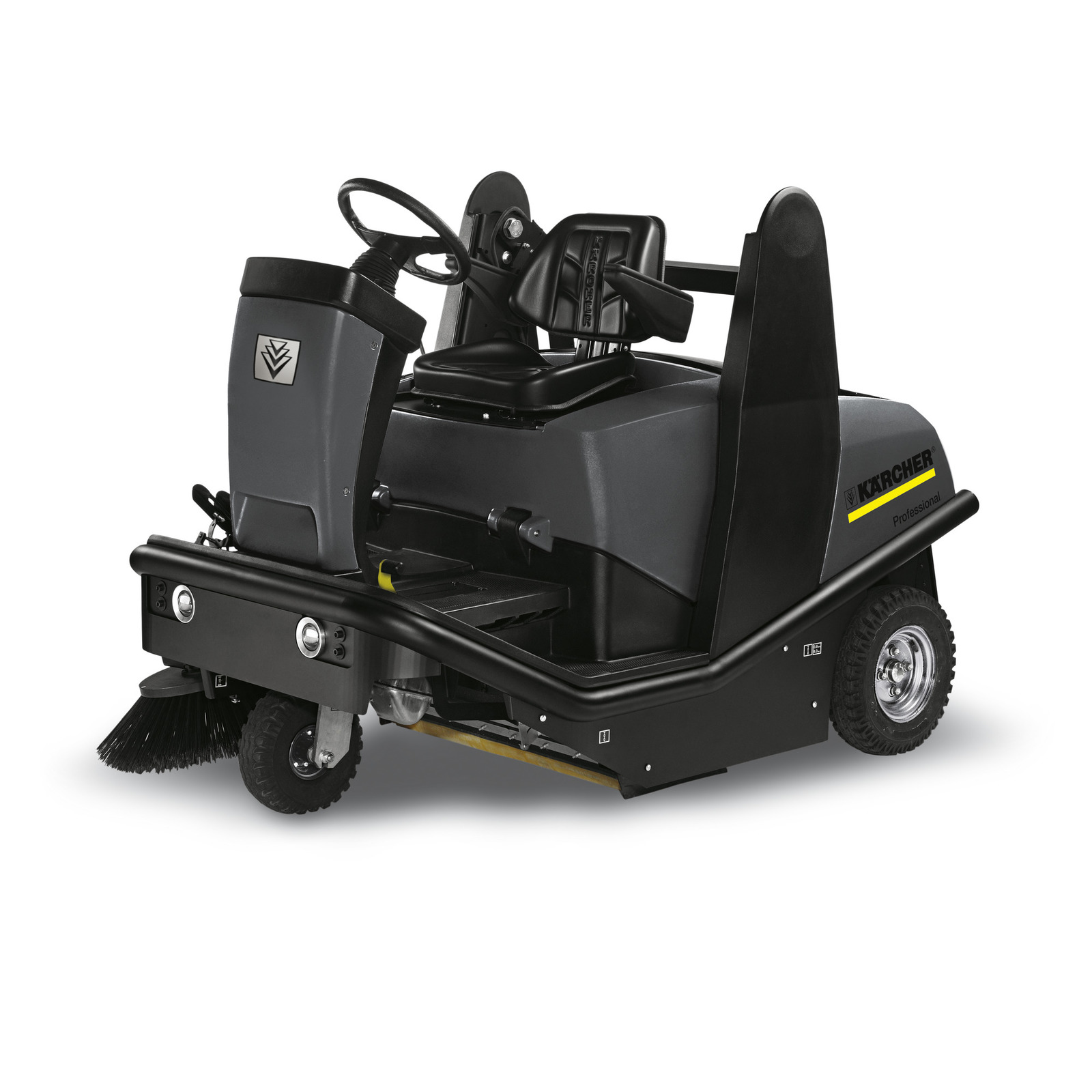 Kärcher ride-on sweeper with black seat, steering wheel, and front brush, designed for professional cleaning tasks. Kärcher ride-on sweeper with black seat, steering wheel, and front brush, designed for professional cleaning tasks.
