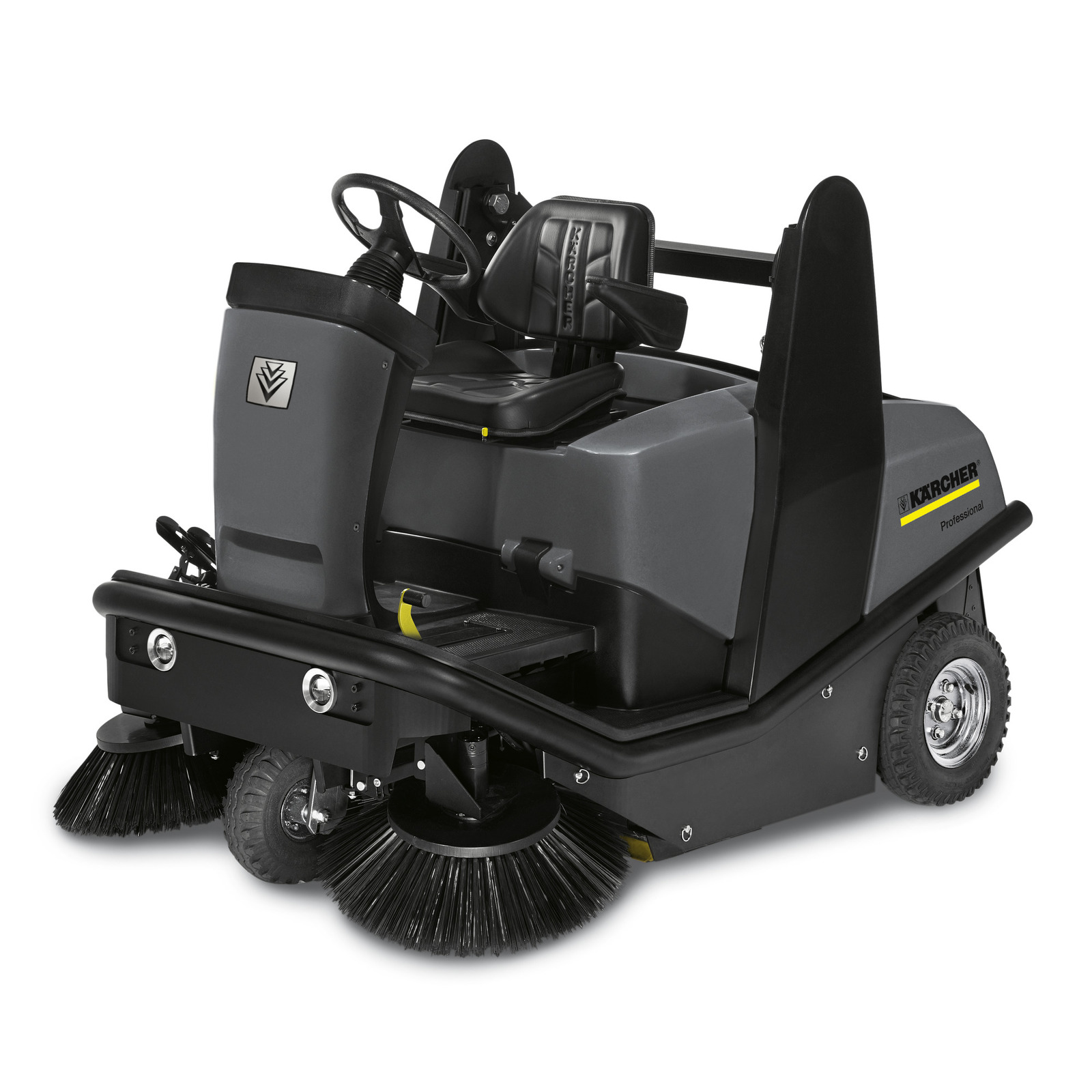 Kärcher ride-on sweeper with dual rotating brushes, grey and black design, steering wheel, and seat. Kärcher ride-on sweeper with dual rotating brushes, grey and black design, steering wheel, and seat.
