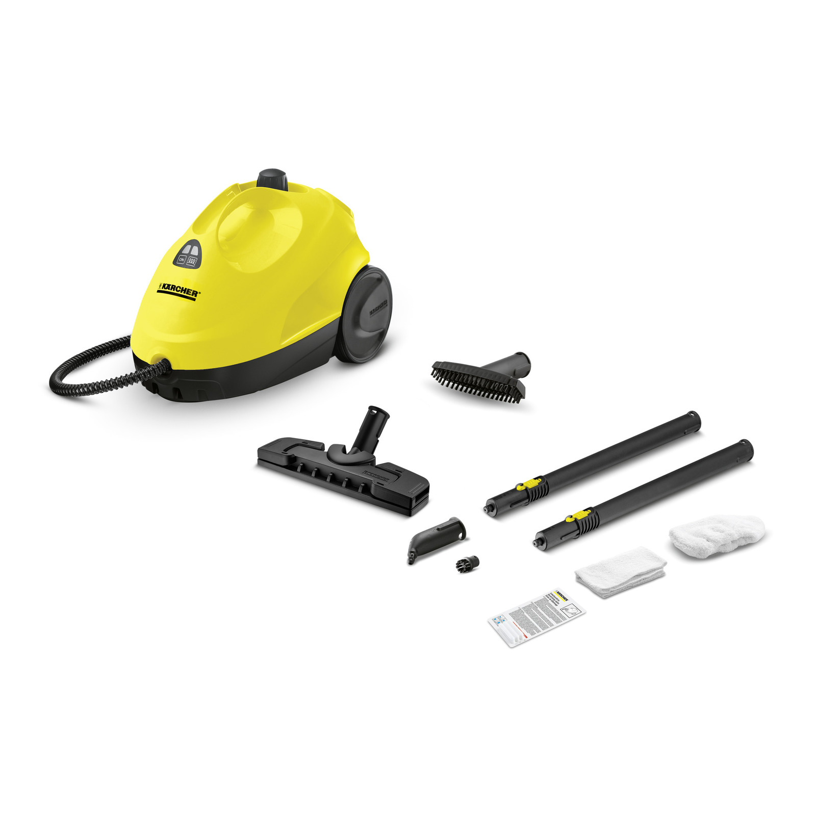 Yellow Kärcher steam cleaner with accessories including brush, nozzle, extension tubes, cloths, and manual on a white background.