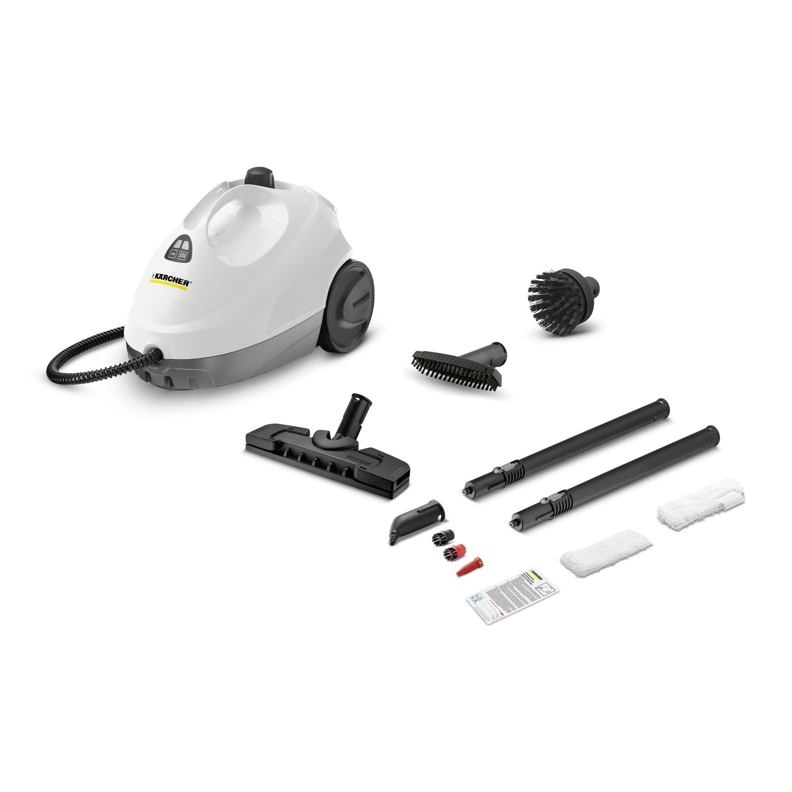 Kärcher steam cleaner with accessories including brushes, extension tubes, nozzles, and cleaning cloths on a white background.