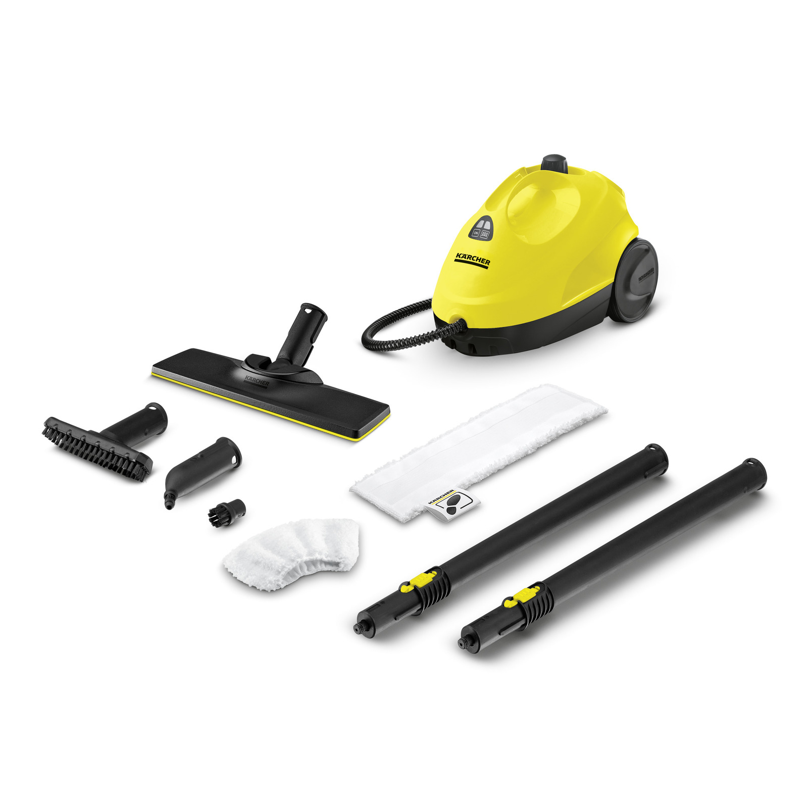 Kärcher steam cleaner with accessories including brushes, extension tubes, and cleaning pads, displayed on a white background.