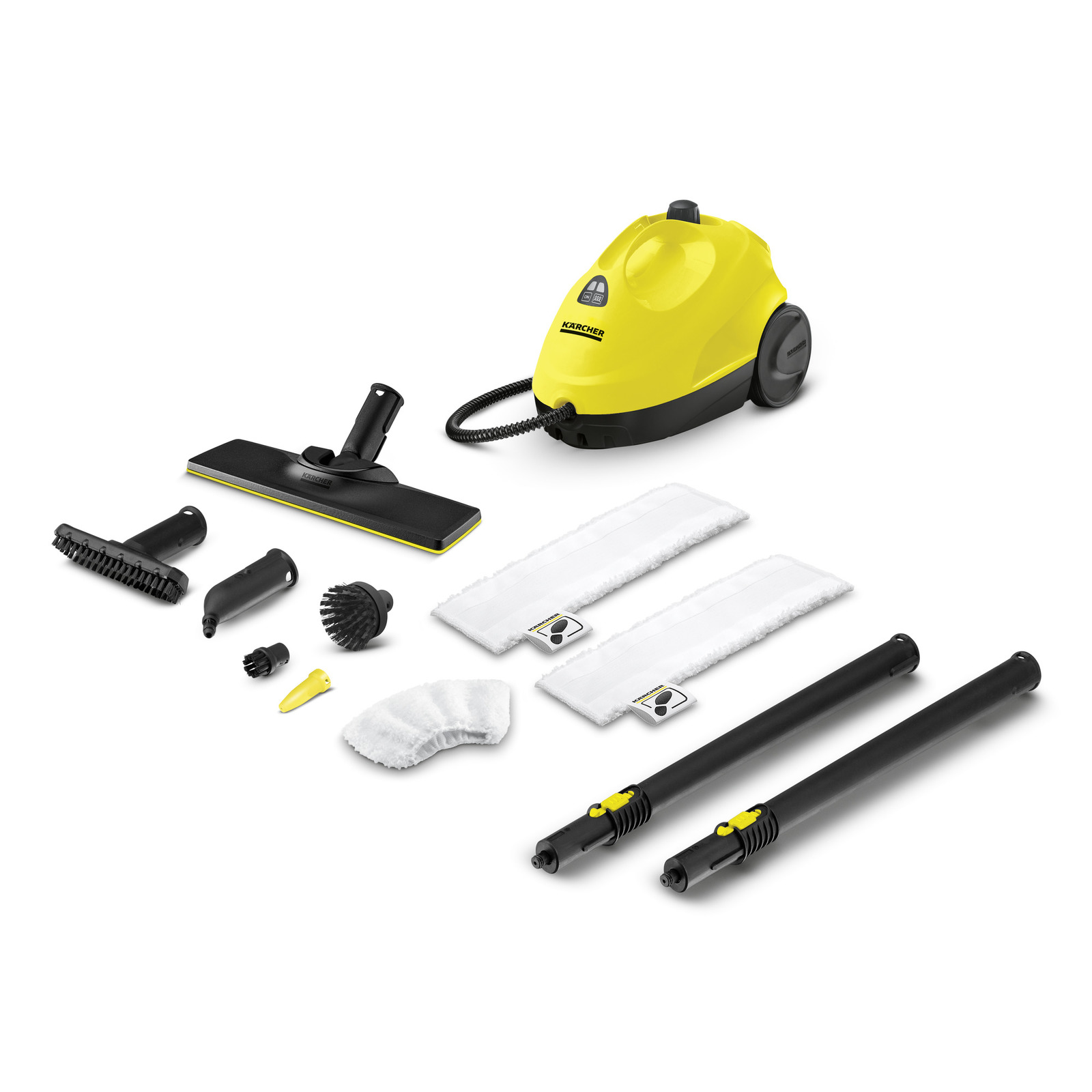 Kärcher steam cleaner with accessories including brushes, nozzles, extension tubes, and cleaning pads, arranged on a white background.
