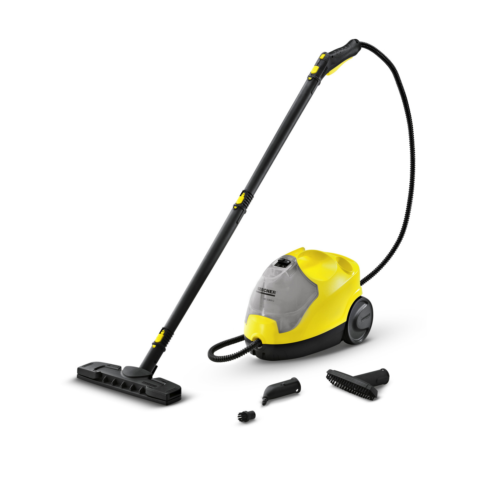 Kärcher steam cleaner with long handle, yellow and grey body, and three detachable nozzles on a white background.