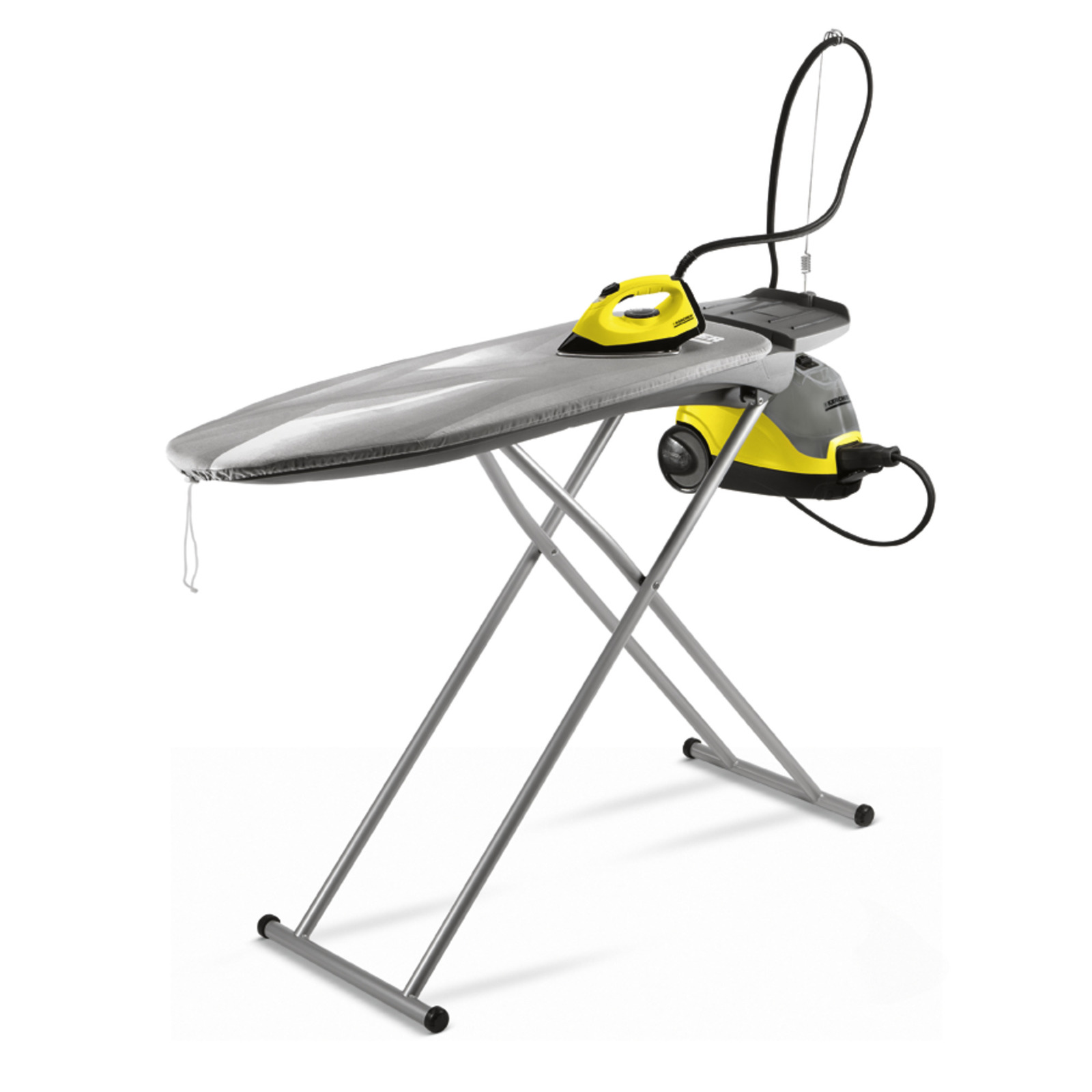 Kärcher steam ironing system with yellow iron on a grey ironing board, supported by a metal frame. Kärcher steam ironing system with yellow iron on a grey ironing board, supported by a metal frame.