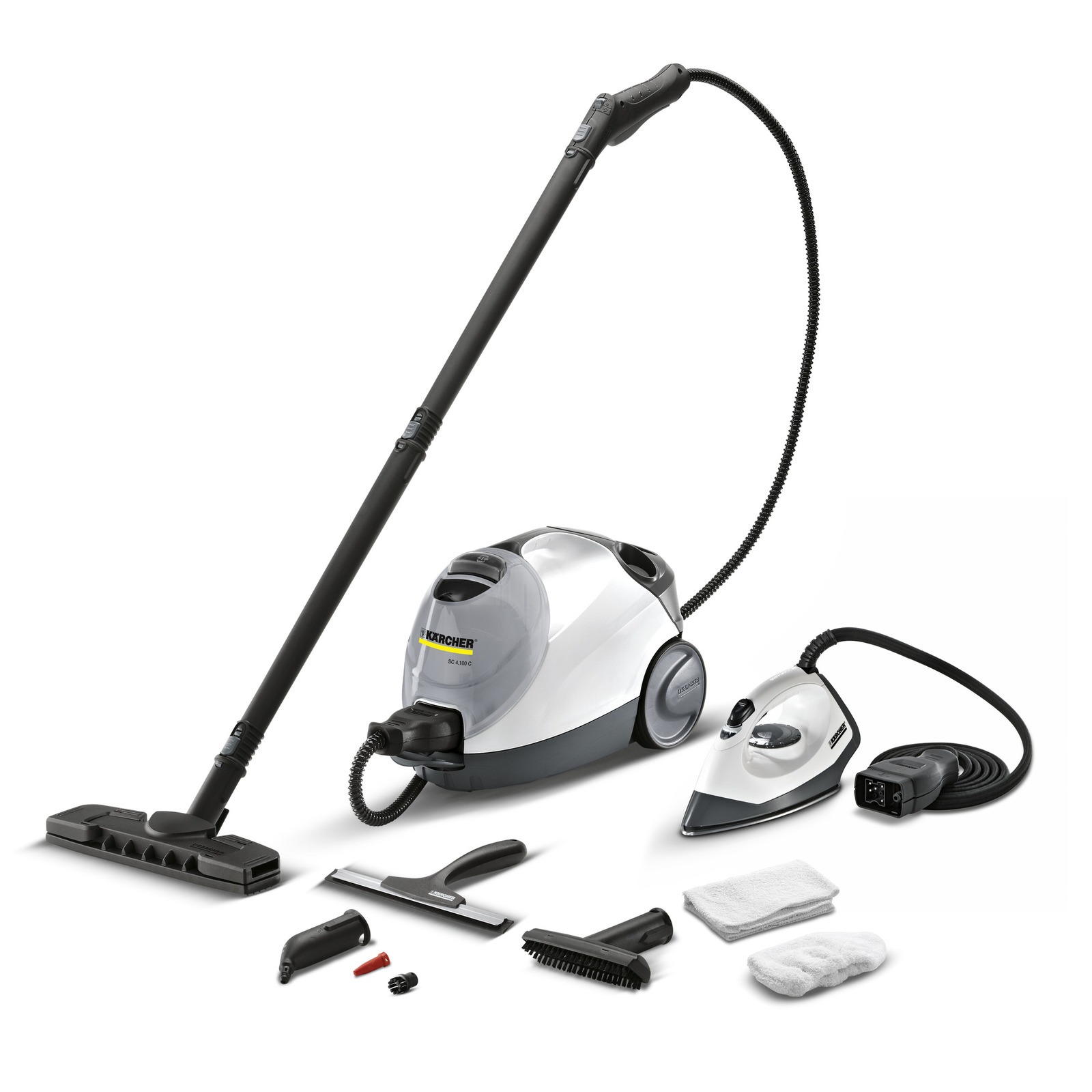 Kärcher steam cleaner with iron attachment, floor nozzle, and various accessories including brushes and cloths. Kärcher steam cleaner with iron attachment, floor nozzle, and various accessories including brushes and cloths.