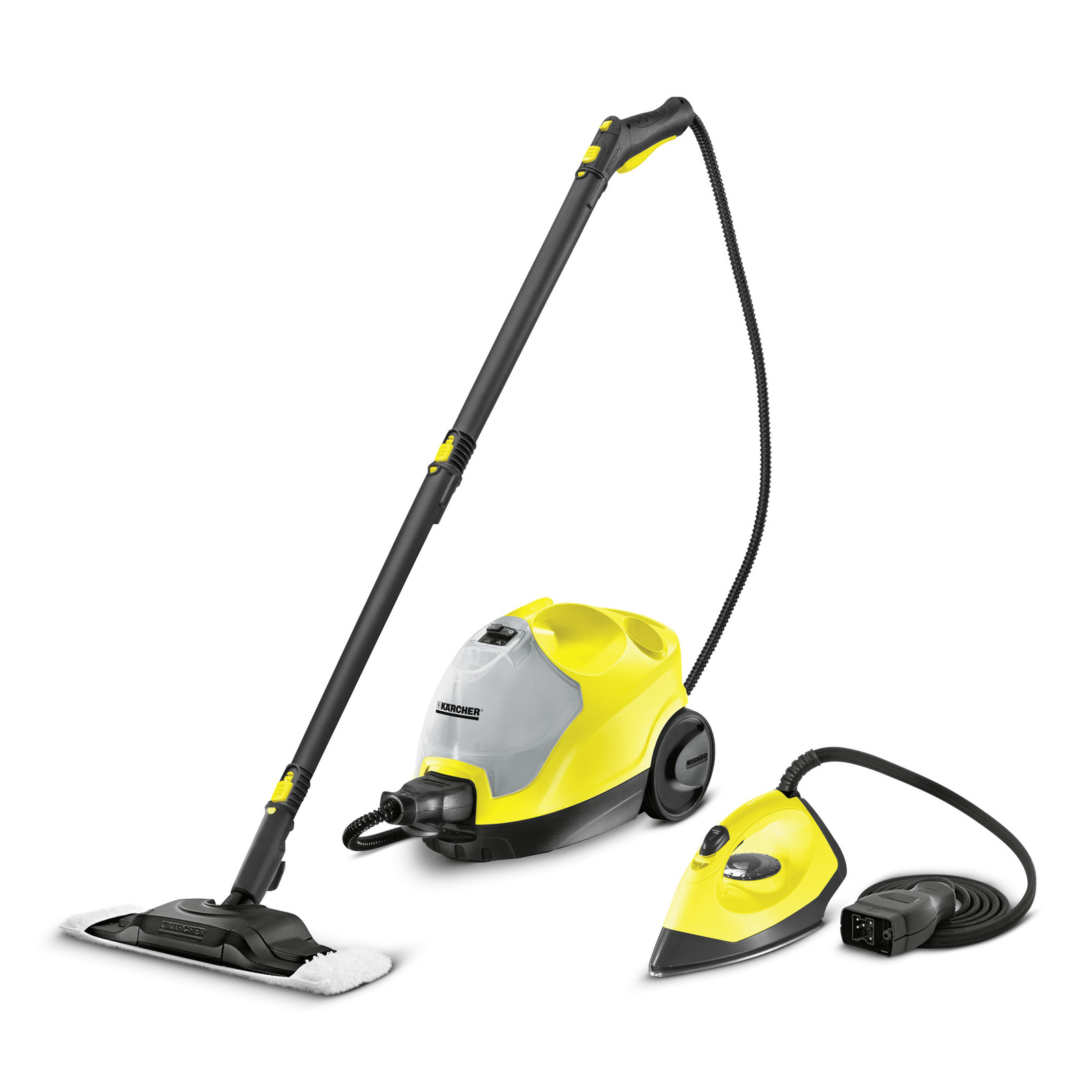Aspirator cu aburi Kärcher galben și negru, cu accesoriu de călcat și furtun.