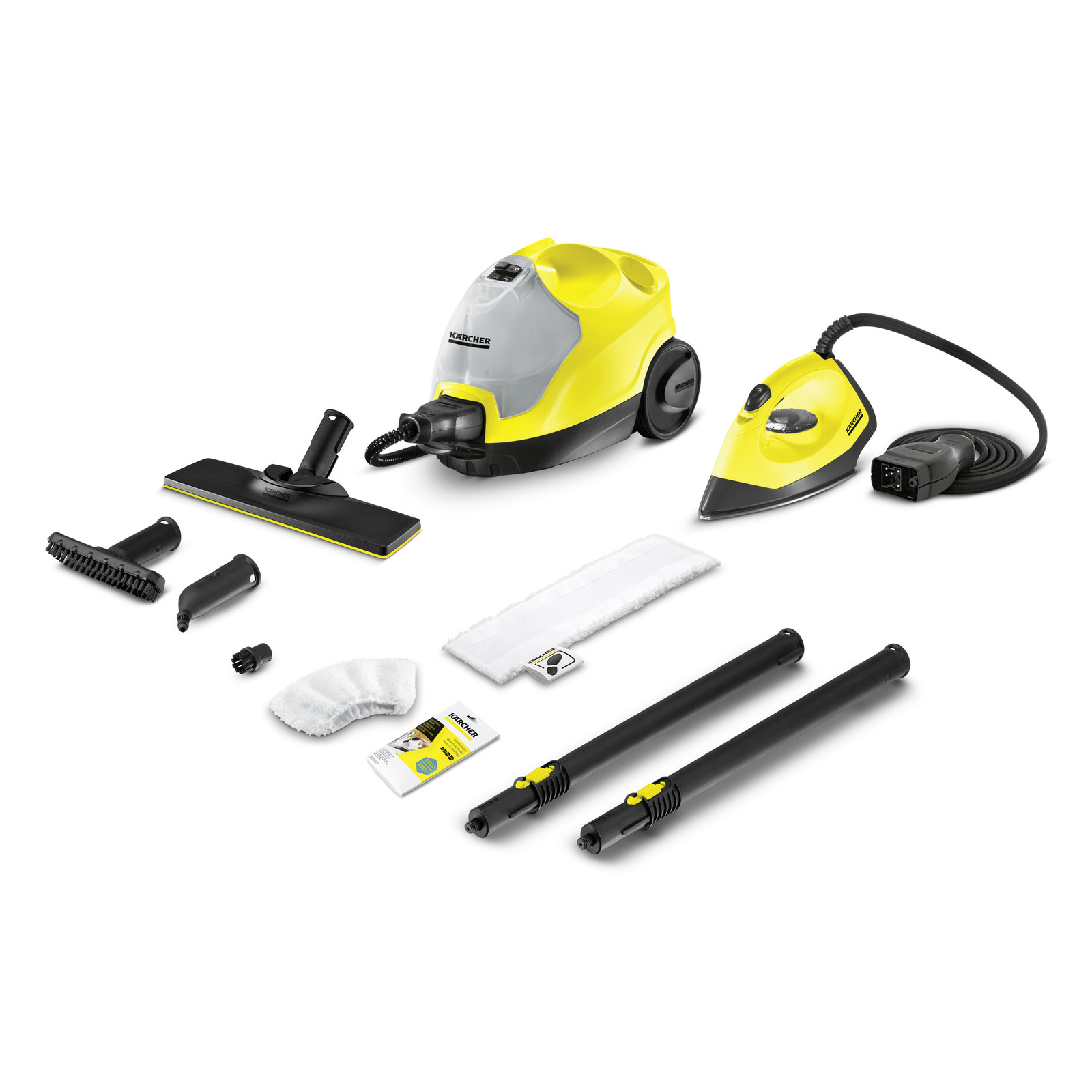 Kärcher steam cleaner set with accessories including brushes, nozzles, cloths, extension tubes, and user manual.