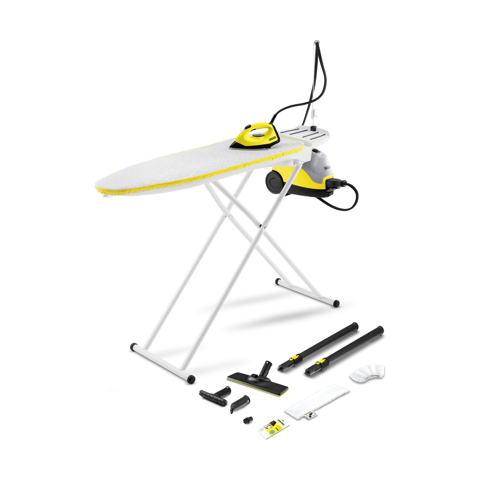 Kärcher ironing system with yellow steam iron on board, various attachments and accessories displayed below.