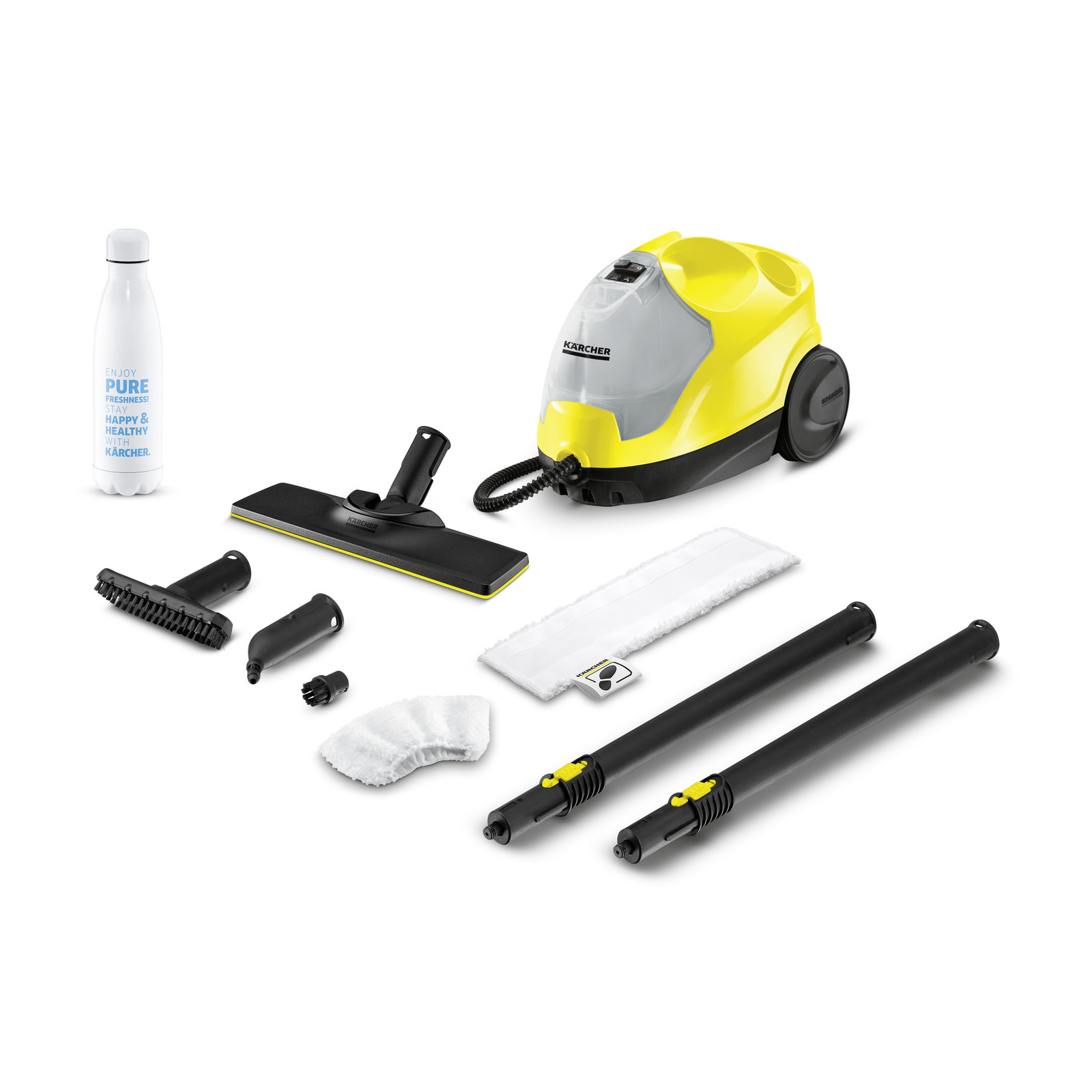 Kärcher steam cleaner with accessories including nozzles, extension tubes, cleaning cloths, and detergent bottle on white background.